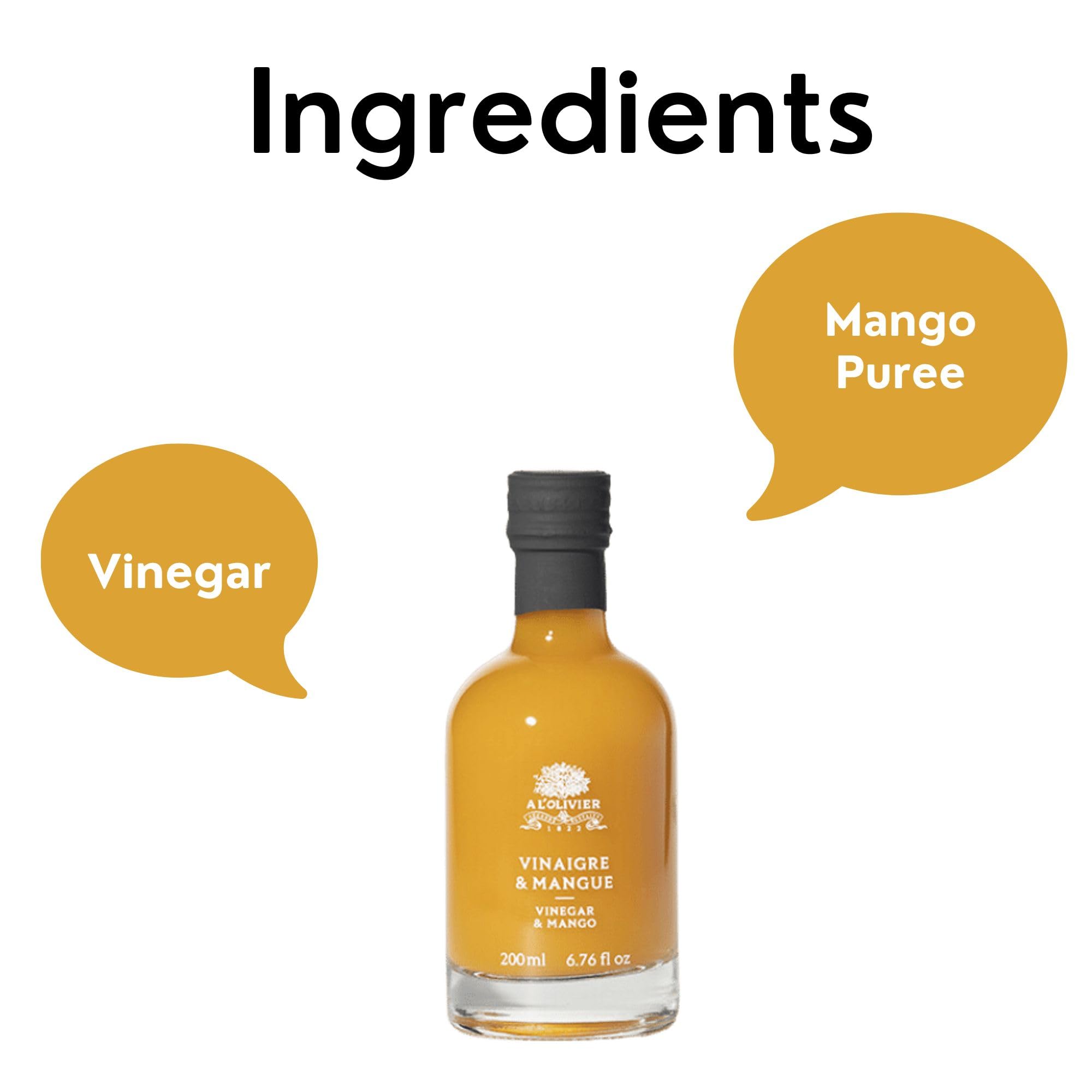 Organic A L'Olivier Mango Fruit Vinegar - 7 oz | Premium Yellow Cooking Vinegar for Salads, Marinades & Healthy Recipes