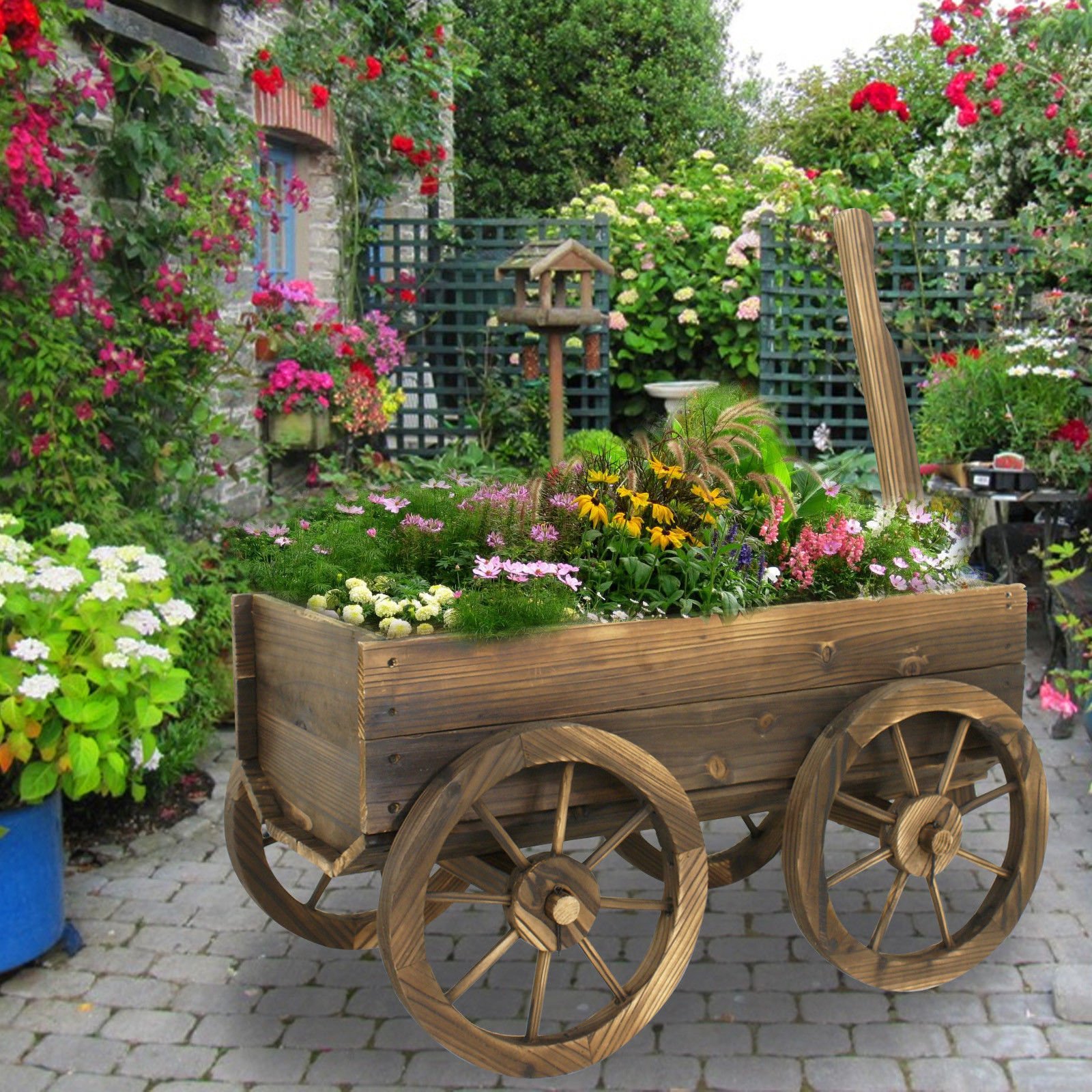 **Wooden Garden Wagon Planter with Wheels - Outdoor Flower Pot Stand for Patio, Yard, and Home Decor - Perfect for Plants, Herbs, and Decorative Displays**