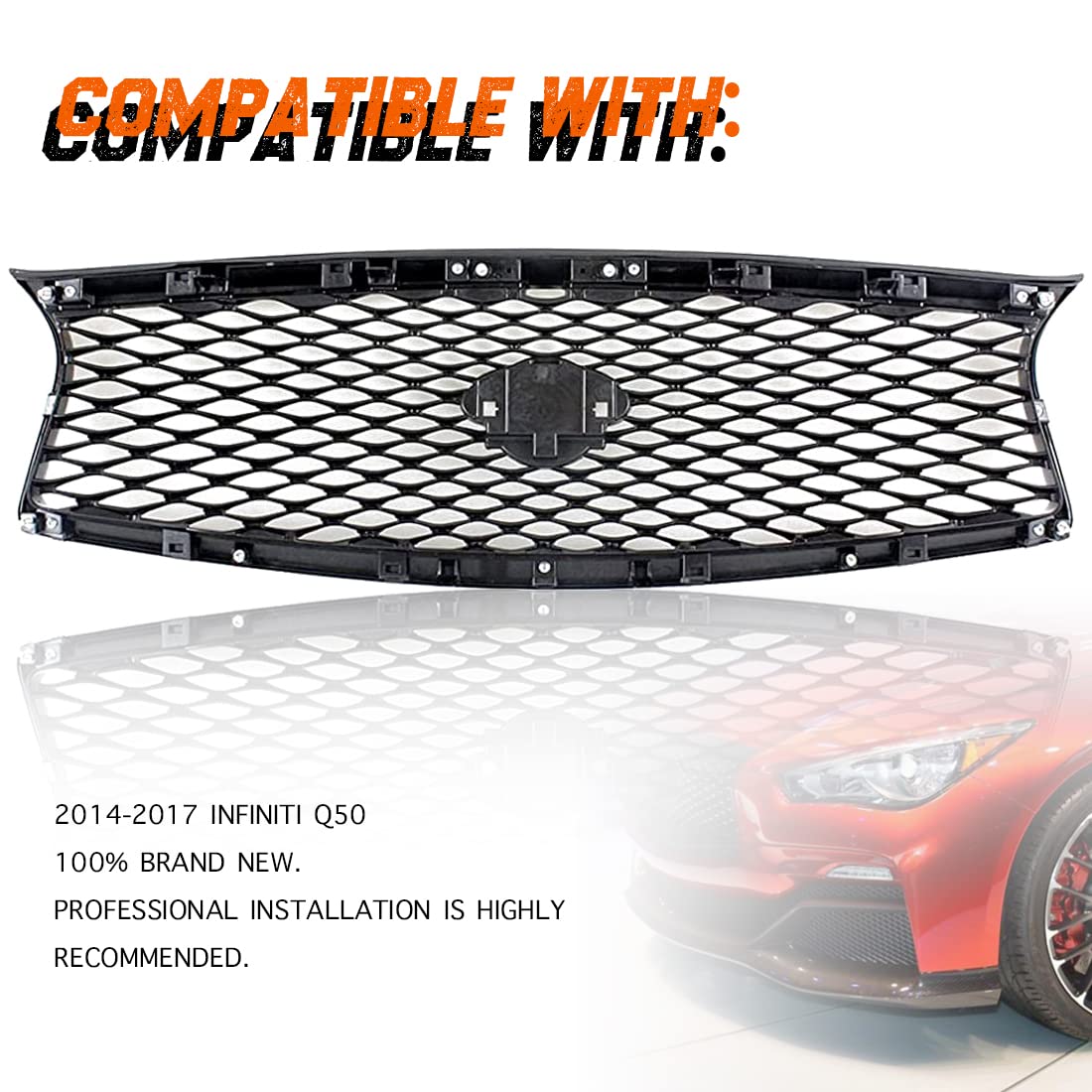 2014-2017 Infiniti Q50 Front Upper Bumper Grille Hood Cover - ABS Eau Rouge Style Glossy Black Replacement | Perfect for Car Customization & Performance Upgrade