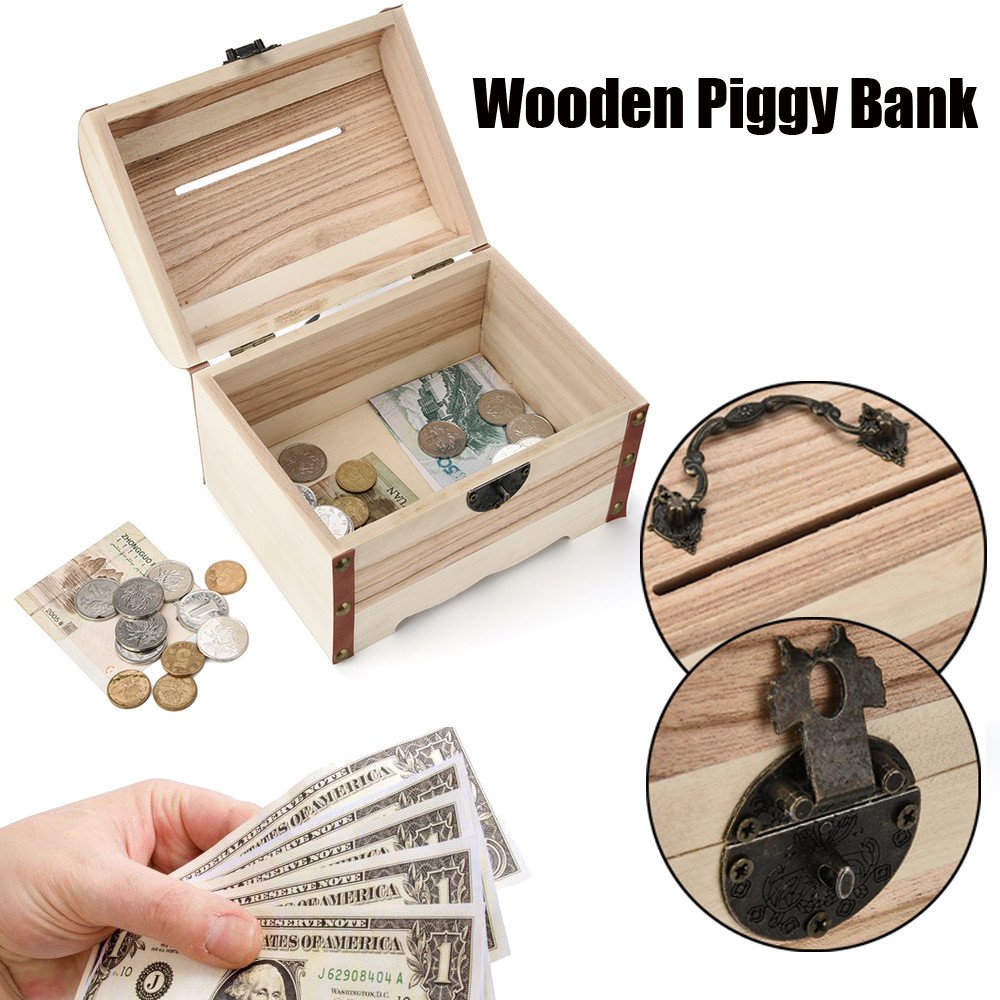 Handmade Wooden Piggy Bank with Lock - Safe Money Box for Kids & Adults - Wood Carving Savings Box for Home, Office, or Gift Giving
