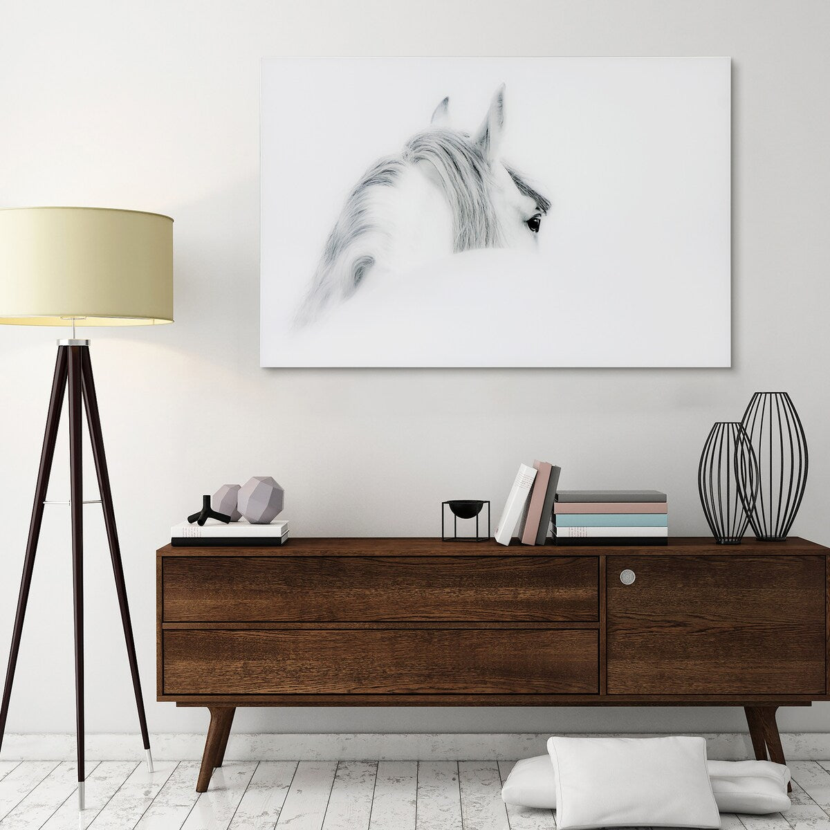 Blanco Mare Horse Frameless Floating Tempered Glass Wall Art - Modern Home & Office Decor for Living Room, Bedroom, Kitchen