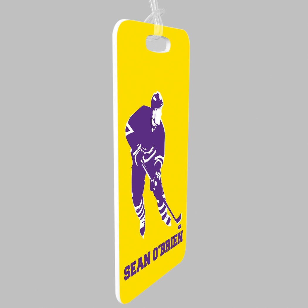 Personalized Hockey Player Name Luggage Tag - Small Yellow & Purple Hockey Bag Tag with Standard Lines | Perfect for Hockey Gear, Travel & Sports Equipment Identification