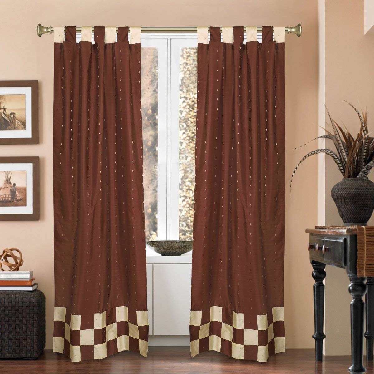 2 Eclectic Brown Indian Sari Tab Top Cafe Curtains 36x36 Inch - Boho Kitchen Window Drapes for Coffee Shops, Restaurants & Home Decor