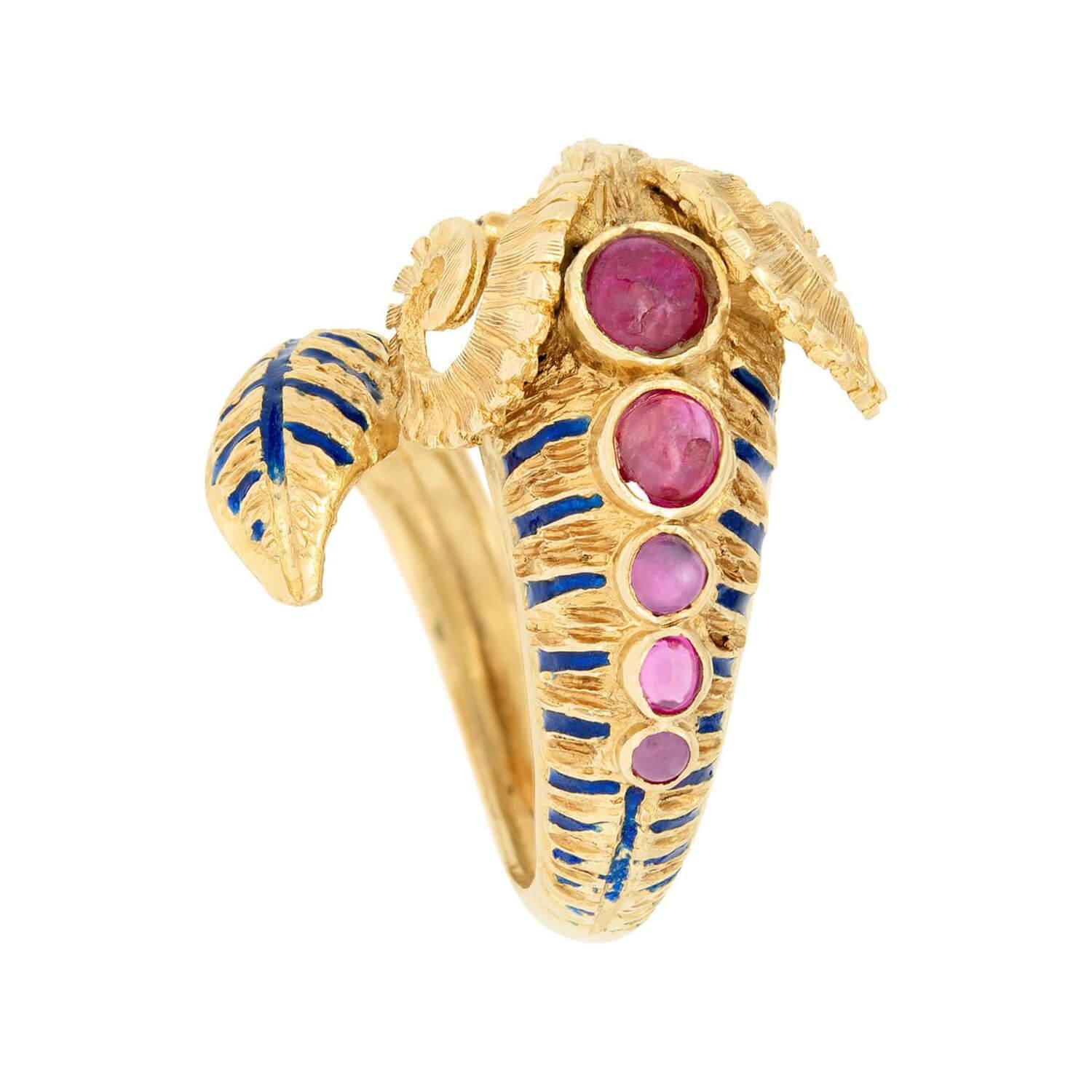 18K Gold Greek Estate Ruby & Enamel Ram's Head Ring - Vintage Jewelry for Women, Unique Statement Piece for Parties & Special Occasions