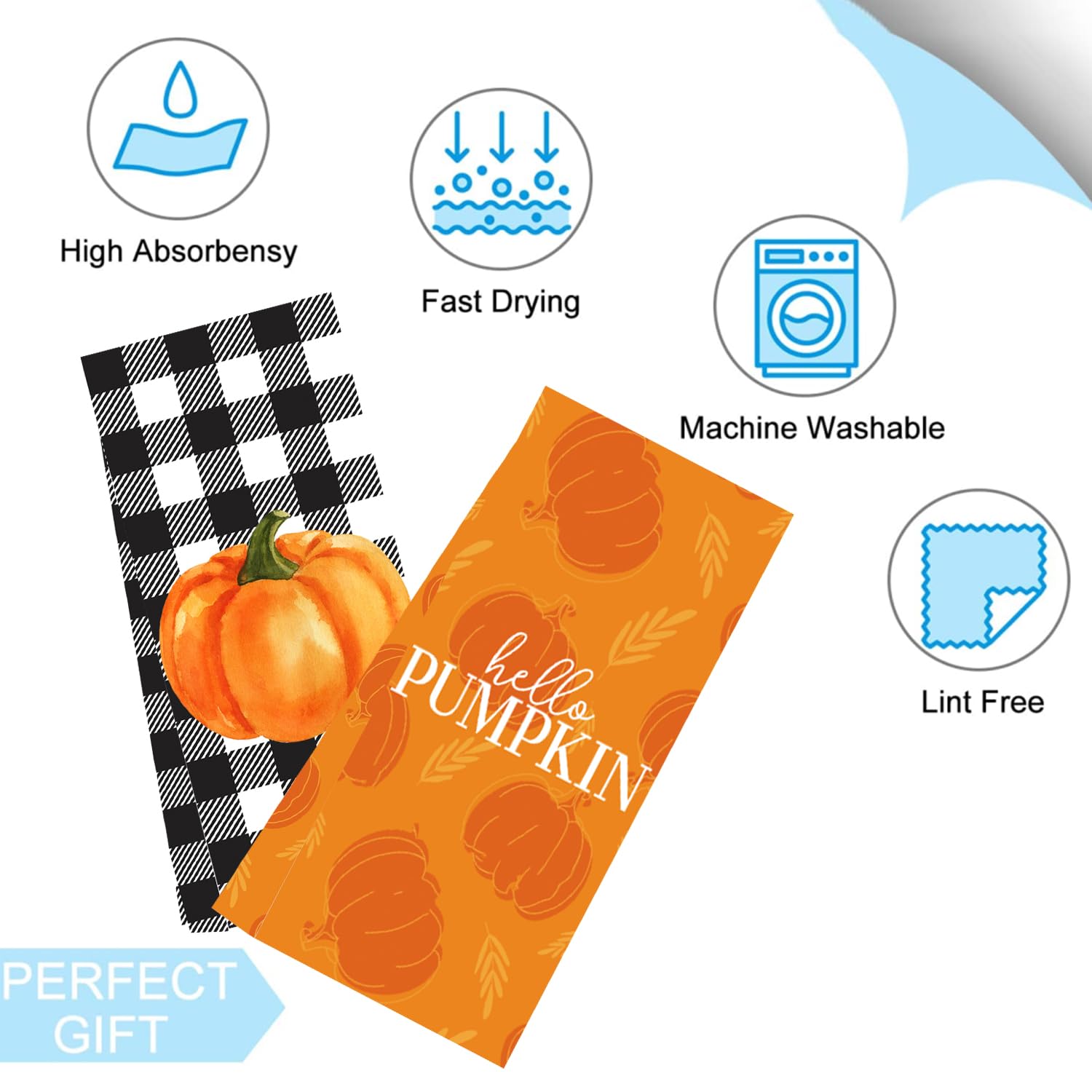 LXOMILL Buffalo Plaid Fall Kitchen Towels Set of 2 - Absorbent Cotton Dish Towels with Pumpkin Pattern for Autumn Decor, Farmhouse Style Kitchen Accessories - Perfect for Thanksgiving, Halloween & Cozy Fall Decorating