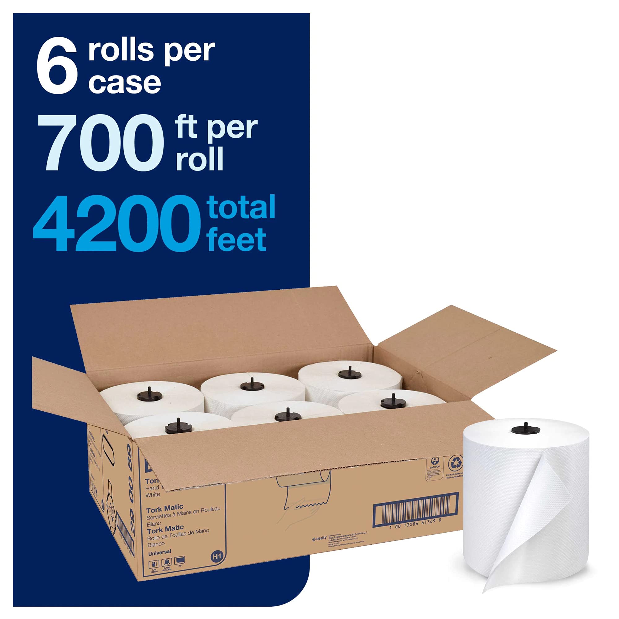 Tork Matic White H1 Paper Hand Towel Roll - 6 Rolls x 700 ft (290089) & Black Elevation H1 Dispenser with Refill Indicator (5510282) - Ideal for Restaurants, Offices, and Public Restrooms