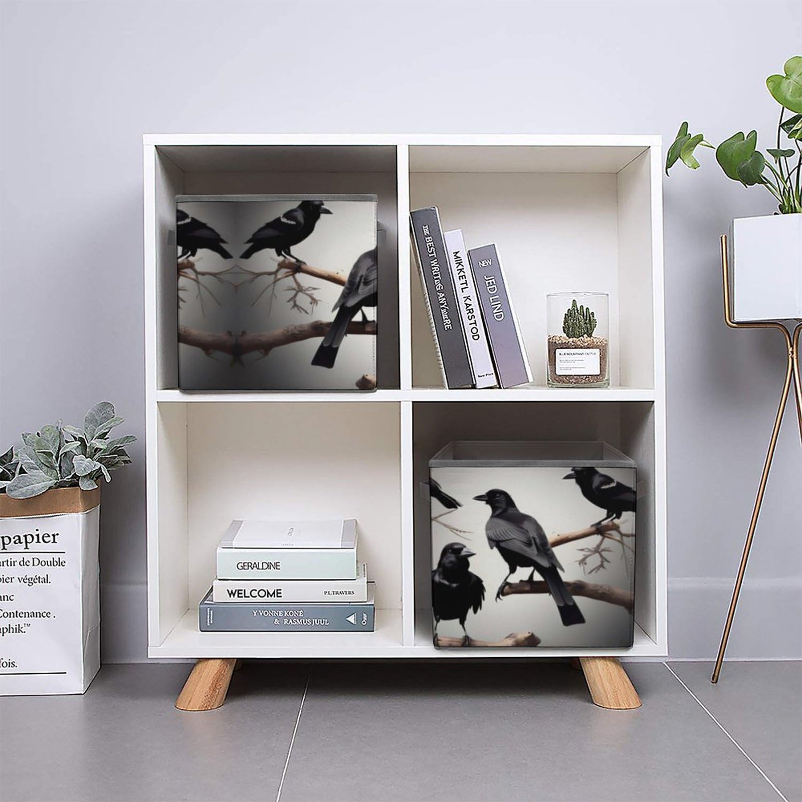 Black Crow Birds on Branch Collapsible Storage Bin - 10.6x10.6x10.6 Inch Large Capacity Fabric Storage Box with Handles | Closet Organizer System for Home, Office, Bedroom & Kids Room Organization