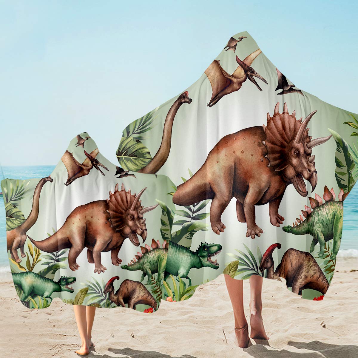 Sleepwish Hooded Bath Towel - Soft Absorbent Beach Towel with Hood for Adults, Green Jungle Dinosaur Print - Wearable Towel for Swimming, Spa, Yoga & Lounging (1 Piece)