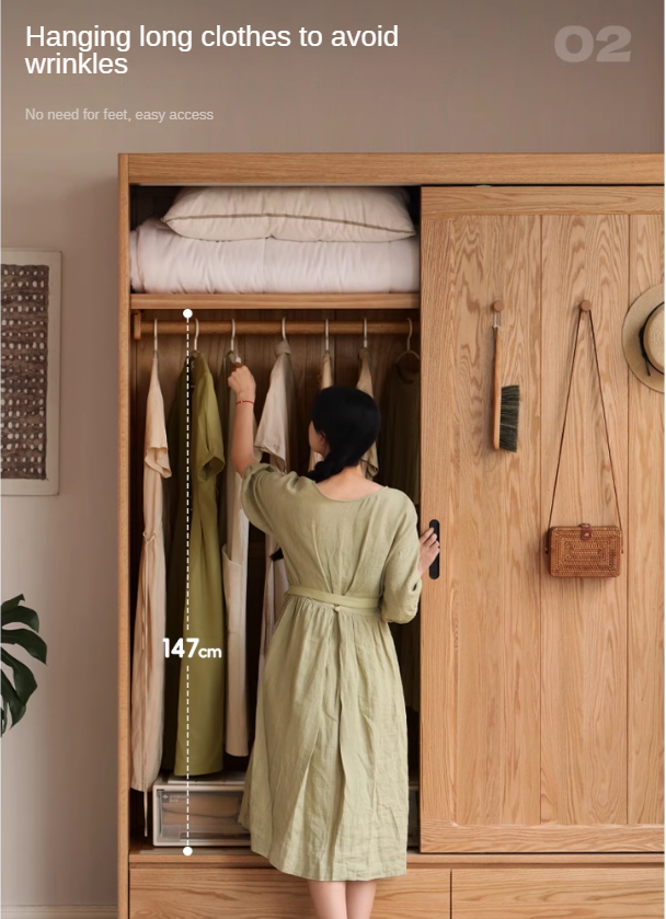 Modern Solid Oak Wood Sliding Door Wardrobe - Durable & Stylish Closet Organizer for Bedroom, Living Room, and Office Storage