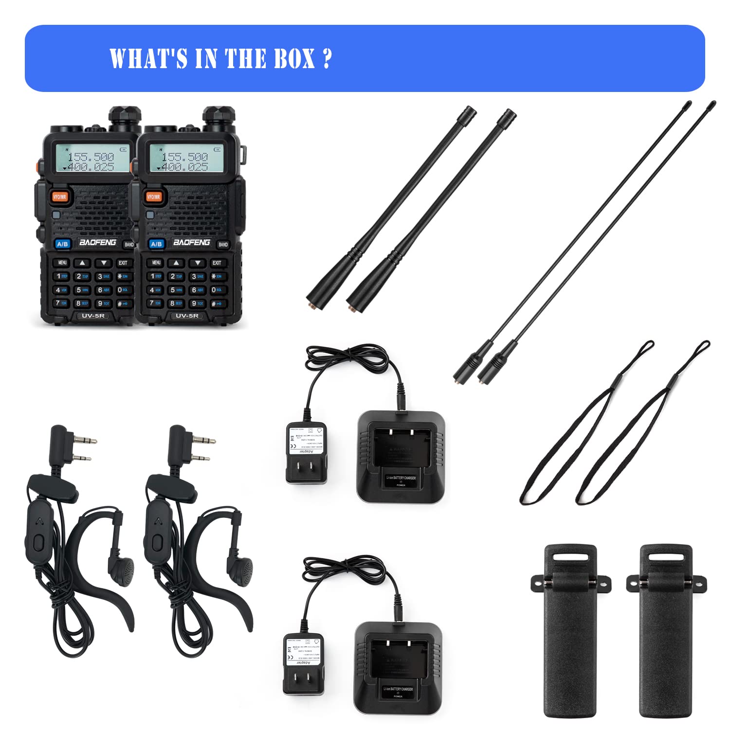 BAOFENG UV-5R Dual Band Ham Radio Walkie Talkie - Long Range Two Way Radio with High Gain Antenna, 2 Rechargeable Batteries & Earpiece - Ideal for Outdoor Adventures, Emergency Communication, and Construction Sites (2 Pack)