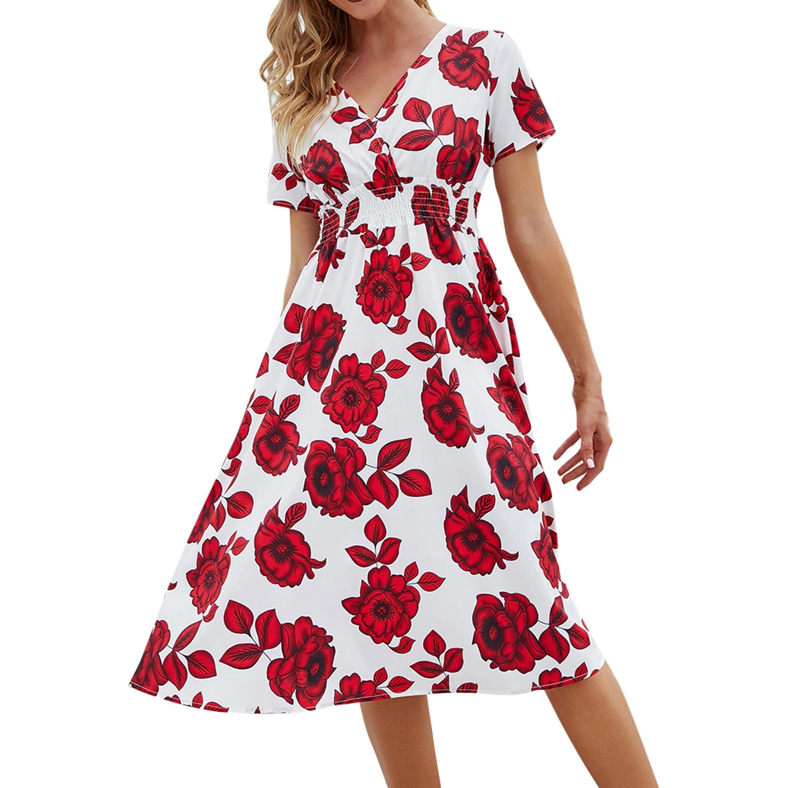 Elegant Floral Print V-Neck T-Shirt Dress for Women - Casual Short-Sleeve A-Line Beach Dress | Perfect for Summer Outings, Vacations & Date Nights