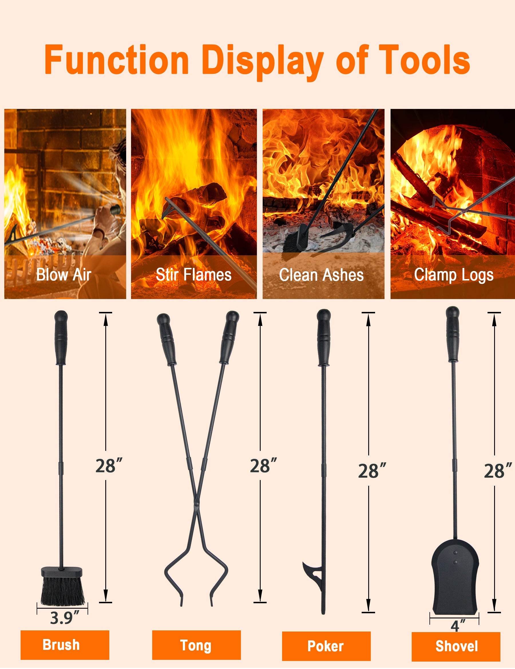 Premium 5-Piece Modern Fireplace Tool Set with 2-in-1 Poker - Heavy Duty Steel Construction for Indoor & Outdoor Use - Perfect for Fire Pits, Wood Stoves, and Hearth Maintenance