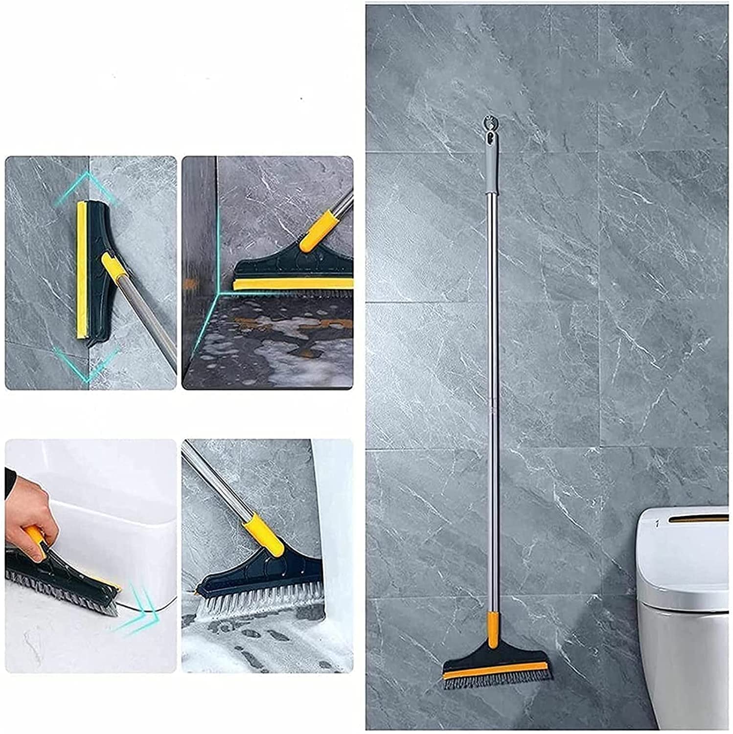 Wazdorf 2-in-1 Bathroom Brush with Wiper - 120° Rotating Floor Scrub Brush with Long Handle for Tile, Kitchen & Bathroom Cleaning | Perfect for Grout Cleaning, Shower Walls & Hard-to-Reach Corners
