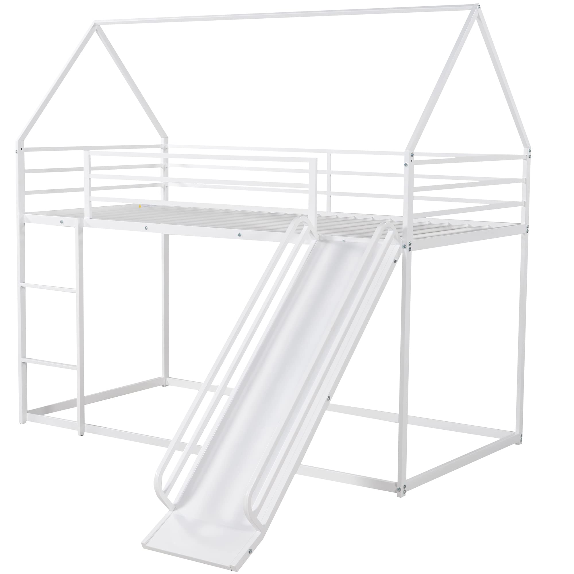Kids Metal Bunk Beds with Slide - Twin Over Twin Low Loft House Bed for Boys & Girls - White Space-Saving Bedroom Furniture for Small Rooms & Sleepovers
