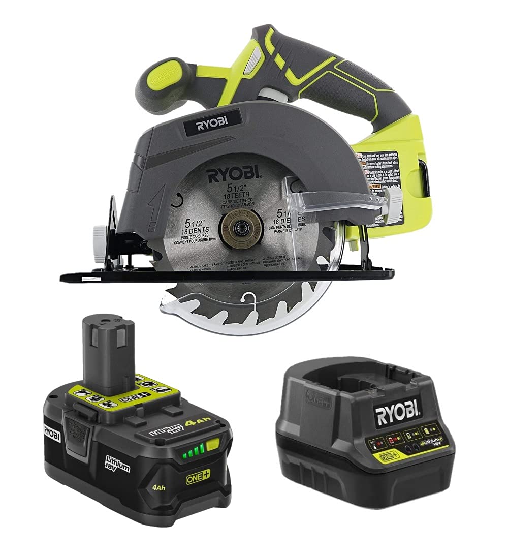RYOBI 18V Cordless Circular Saw Kit with 4Ah Battery & Charger - 5-1/2 Inch Blade, Lightweight & Powerful for DIY Projects, Woodworking, and Home Renovations (Tool Only, No Retail Packaging)