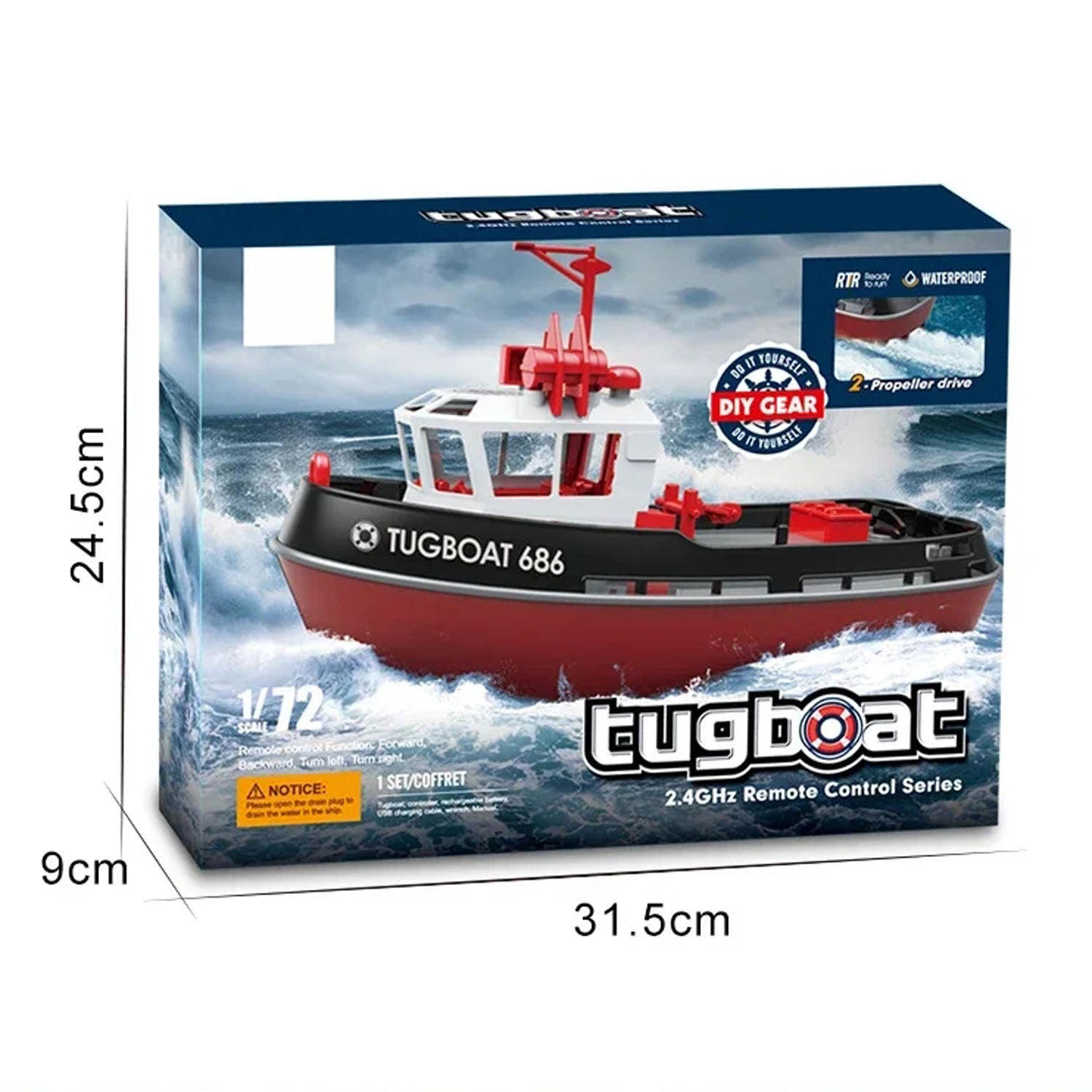 1/72 Scale Heng Long 2.4GHz Remote Control Tugboat - Dual Motor RC Towboat with Powerful Simulation - Ready to Run (RTR) 23x10x15cm - Perfect for Pool, Lake or Bathtub Water Play