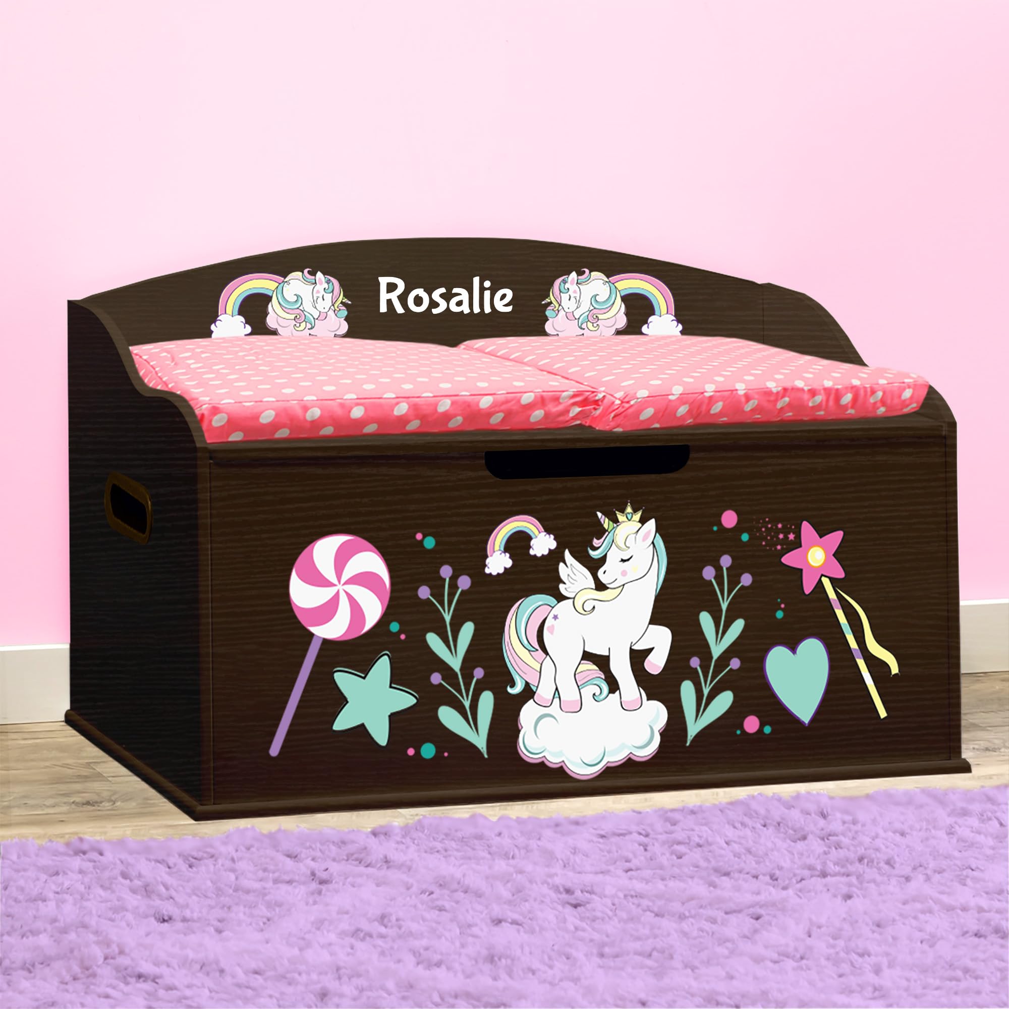 DIBSIES Personalized Creative Wonders Toy Box - Unicorns & Rainbows Design in Espresso Finish | Kids Room Storage Organizer for Toys, Books & Art Supplies | Perfect for Bedrooms, Playrooms & Daycares