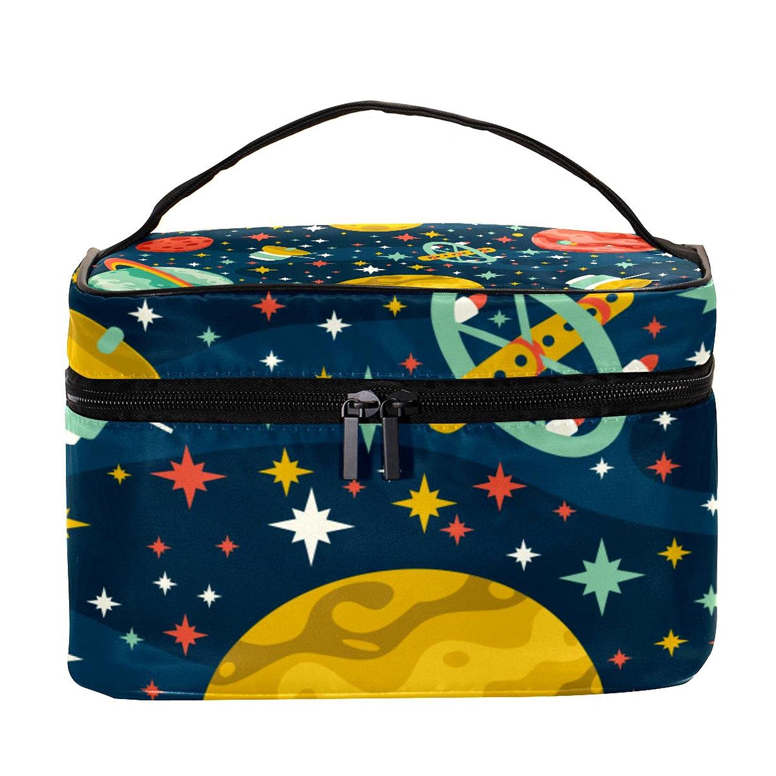 **Cartoon Space Star Planet Spaceship Travel Makeup Bag - Large Cosmetic Organizer with Zipper for Women & Girls - Perfect for Travel, Gym, and Daily Storage**