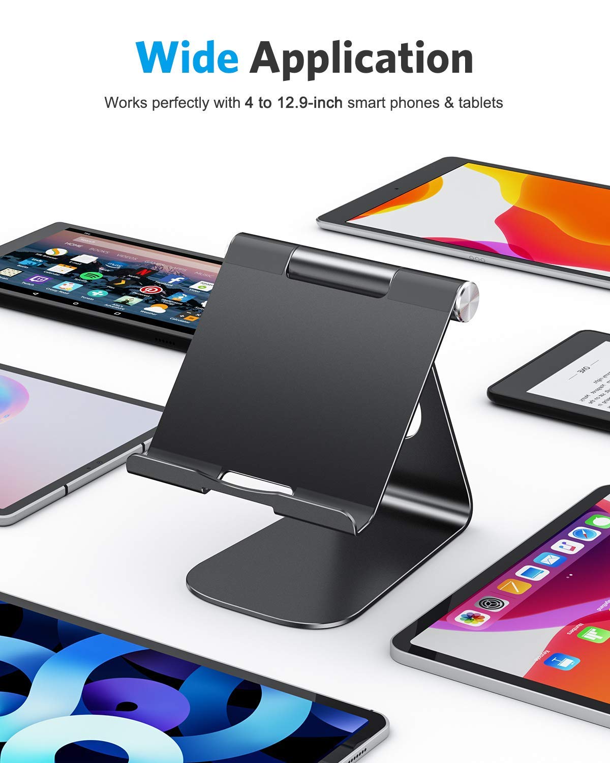 OMOTON Adjustable Tablet Stand Holder for iPad Pro 2022/11/12.9, iPad Air 3/4/5, iPad Mini 4/5/6, Samsung Galaxy Tab, Nintendo Switch - Universal Aluminum Stand for Tablets up to 12.9 Inches (Black) - Perfect for Home Office, Gaming & Watching Videos