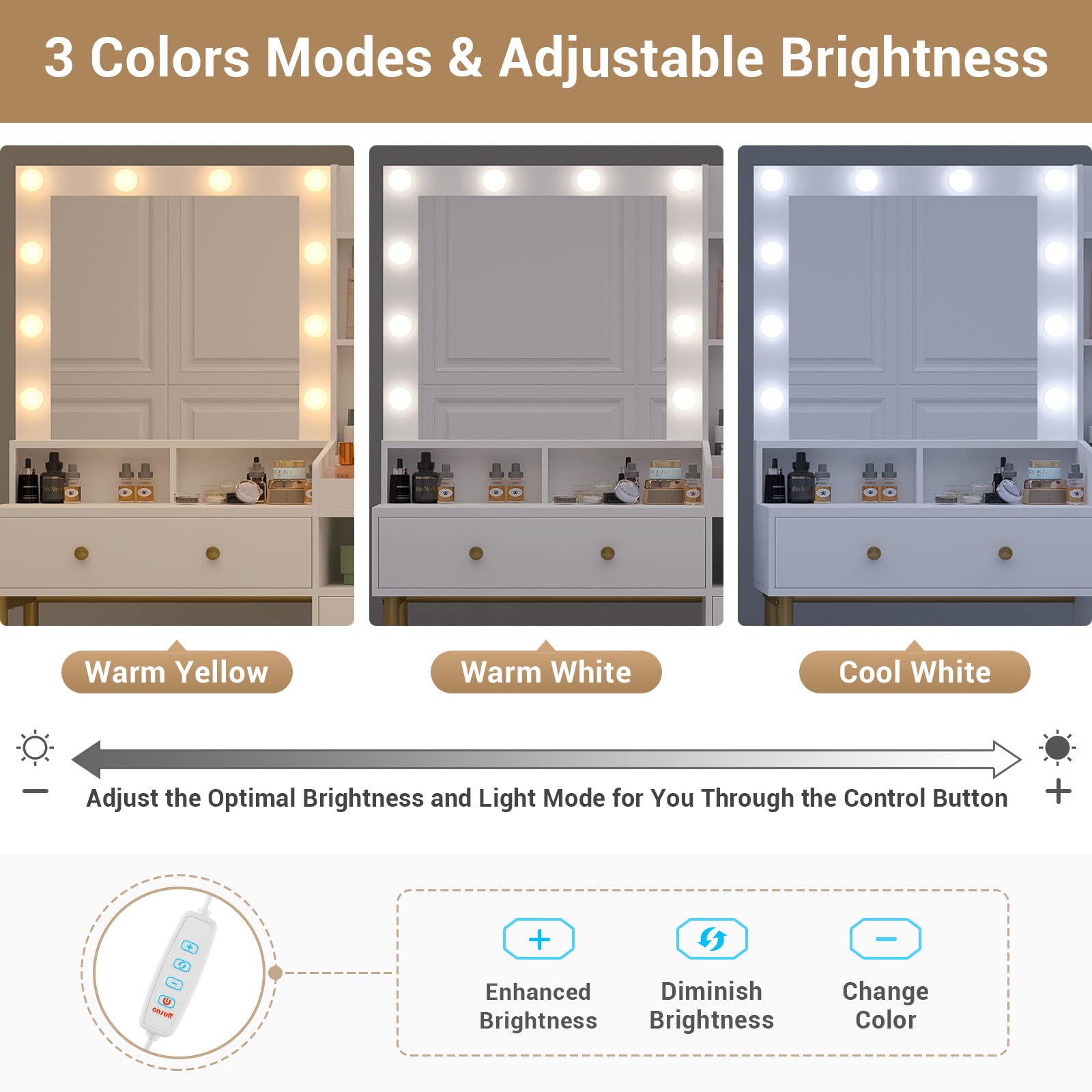 AOGLLATI 3-Color LED Makeup Vanity Desk with Mirror, Charging Station & Storage - White Vanity Table with Unique Separation Design for Bedroom, Dressing Room & Salon