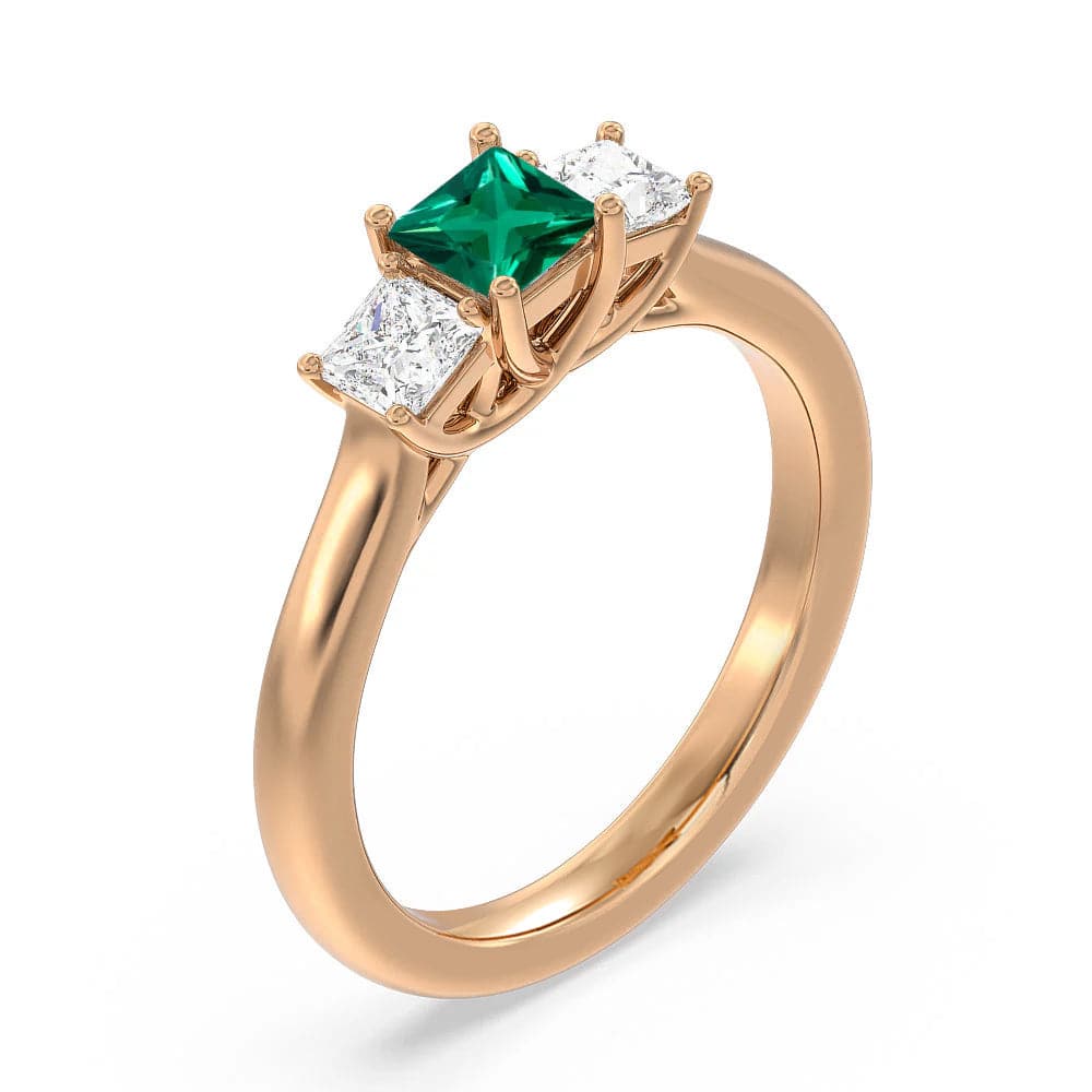 Lab Grown Emerald & Princess Cut Diamond Three Stone Ring - Elegant Engagement, Wedding, or Anniversary Jewelry Gift for Her