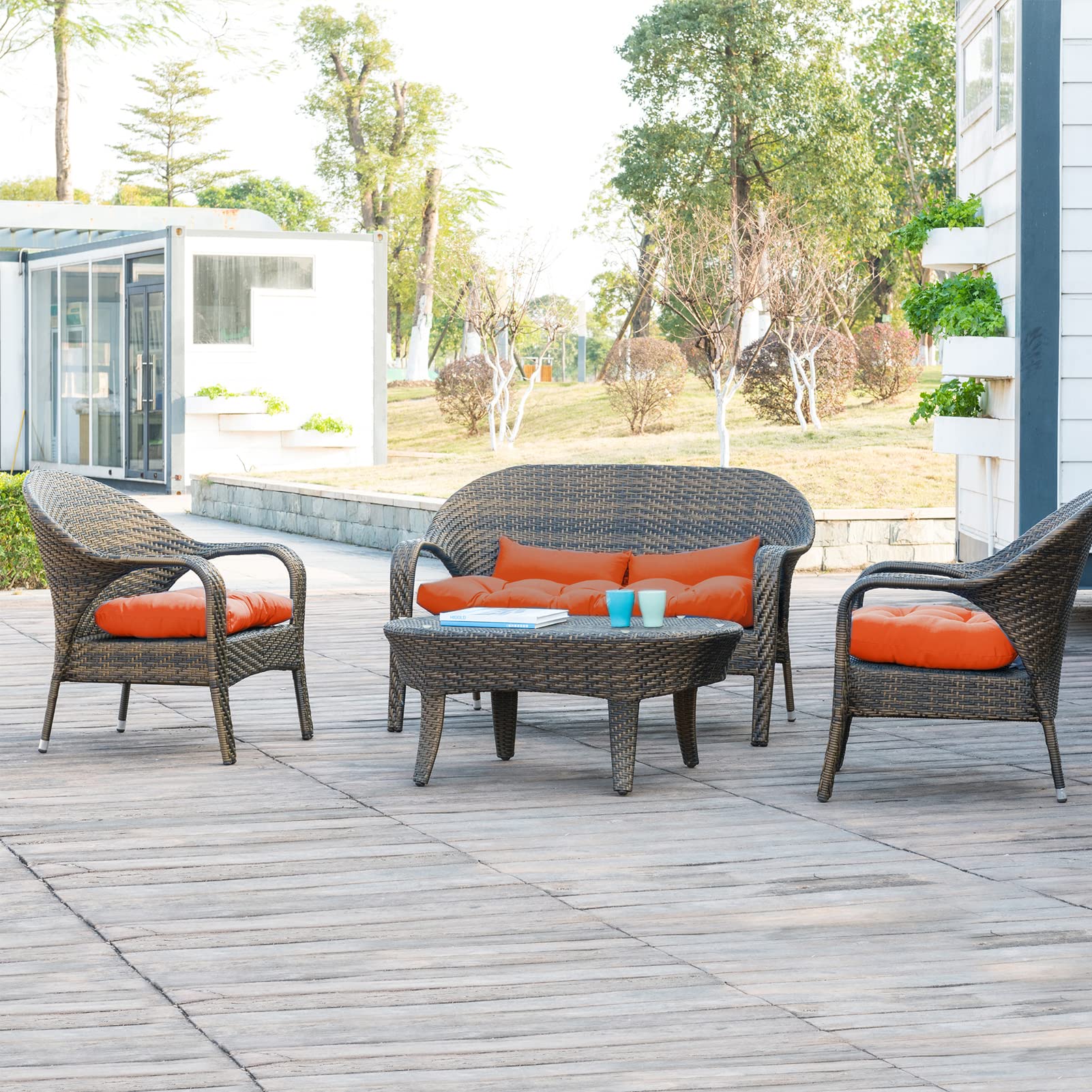 QILLOWAY Outdoor Patio Cushion Set - 5 Piece Wicker Seat Cushions with Loveseat, U-Shape & Lumbar Pillows - Waterproof Furniture Cushions for Patio, Porch, Bench, Settee - Perfect for Outdoor Relaxation & Entertaining (Orange)