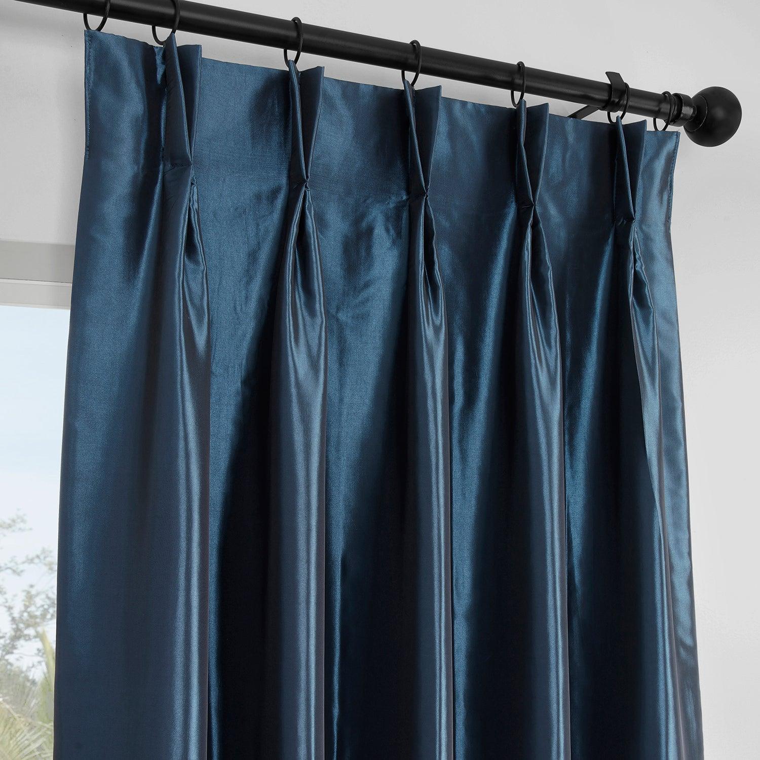 Navy Blue French Pleat Faux Silk Taffeta Blackout Curtains for Bedroom & Living Room - Light Blocking, Noise Reducing, Thermal Insulated Window Drapes