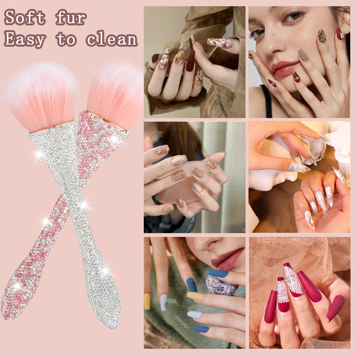 2 PCS Ultra Soft Nylon Nail Art Dust Brush - Shiny Rhinestone Nail Brush & Makeup Brush for Professional Nail Cleaning, Dust Removal, and Nail Art Design - Perfect for Salon, Home Manicure, and DIY Nail Art Enthusiasts