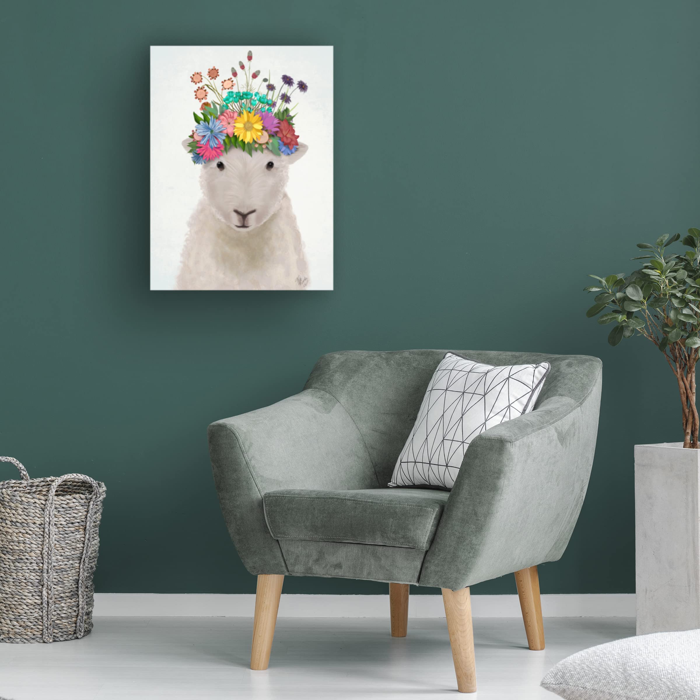 Fab Funky 'Sheep with Flower Crown 1' Canvas Wall Art Print - Modern Home Decor for Living Room, Bedroom & Office