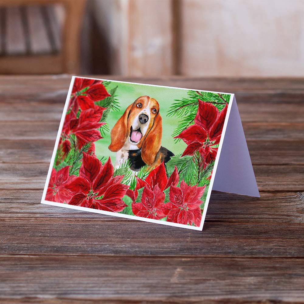 Basset Hound Poinsettia Greeting Cards - Pack of 8 Blank A7 Note Cards with Envelopes (5x7 Inches) | Whimsical Dog Christmas Stationery for Holiday Greetings, Thank You Notes & Gift Cards