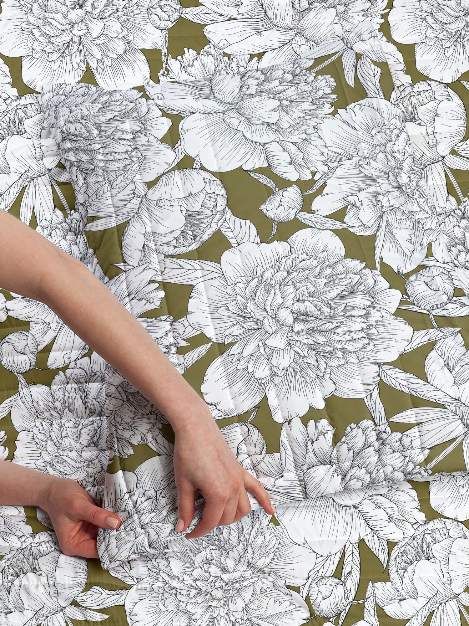 Ambesonne Floral Reversible Bedspread Set - Hand Drawn Rose, Chamomile & Peonies Design | Microfiber Comforter & Pillow Shams | Queen Size Bedding in Green & Brown | Perfect for Master Bedroom, Guest Room & Bohemian Home Decor