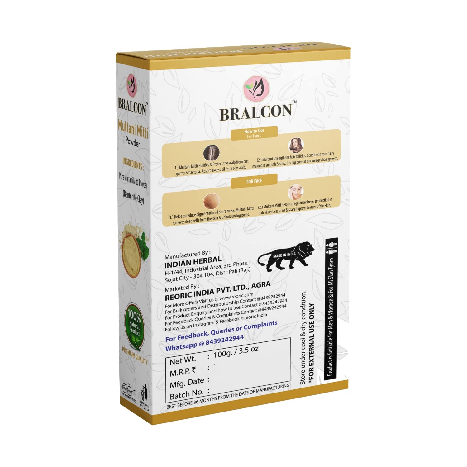 BRALCON Gulab Jal Rose Water (100ml) & Multani Mitti Clay Powder (100g) Combo Set - Natural Face Mask, Skin Brightening & Hair Care Treatment for Glowing Skin - Perfect for DIY Spa, Acne Treatment & Daily Beauty Routine