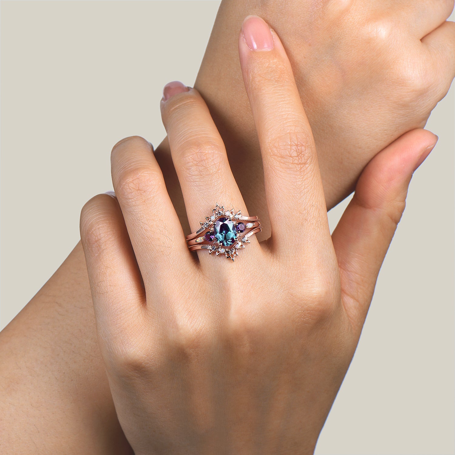 Oval Cut Color Changing Alexandrite Amethyst Ring with Opal Crown Enhancer - Bridal Wedding Set for Engagement, Anniversary & Special Occasions