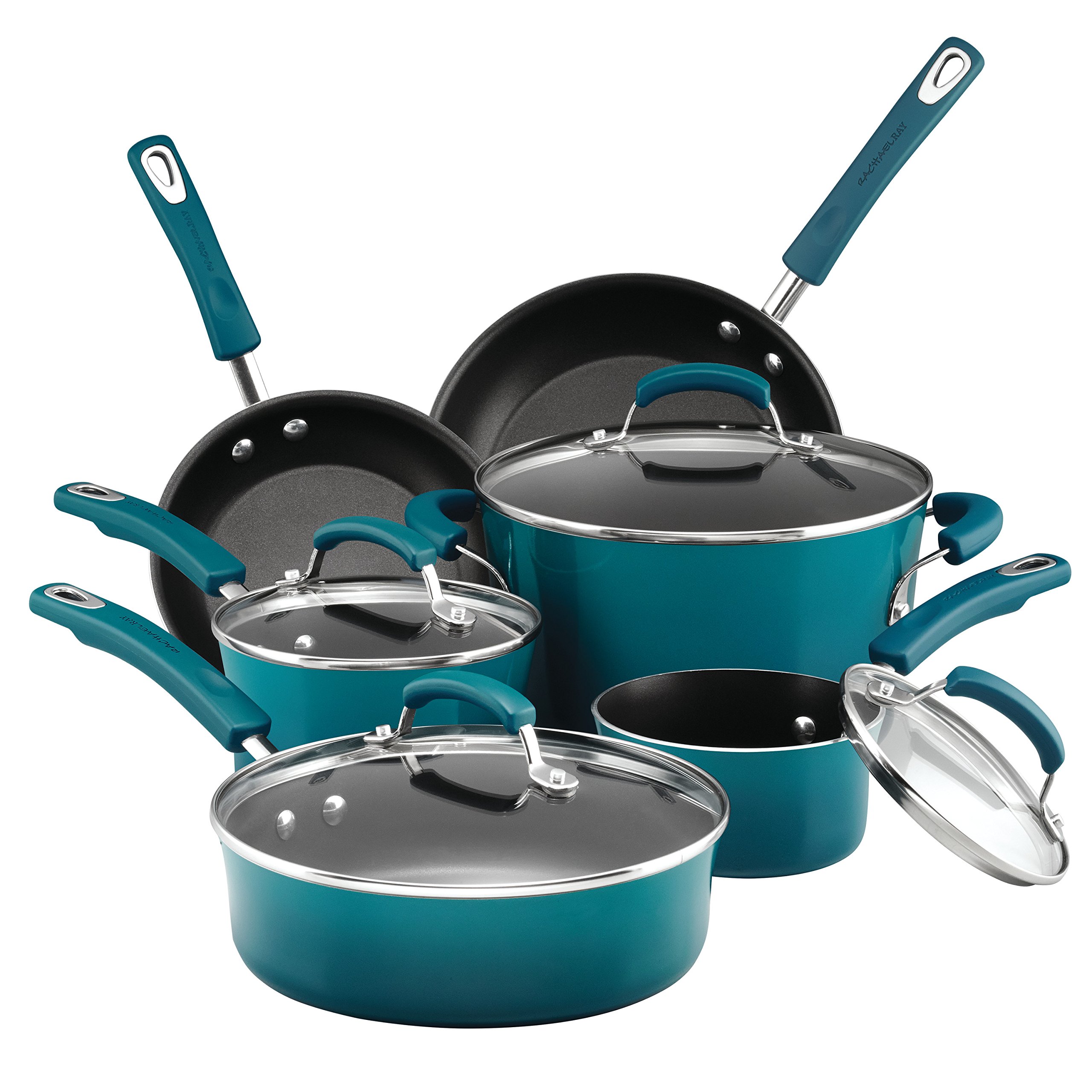Rachael Ray Brights Nonstick Cookware Set - 10-Piece Pots and Pans in Marine Blue | Durable Kitchen Essentials for Baking, Frying & Everyday Cooking