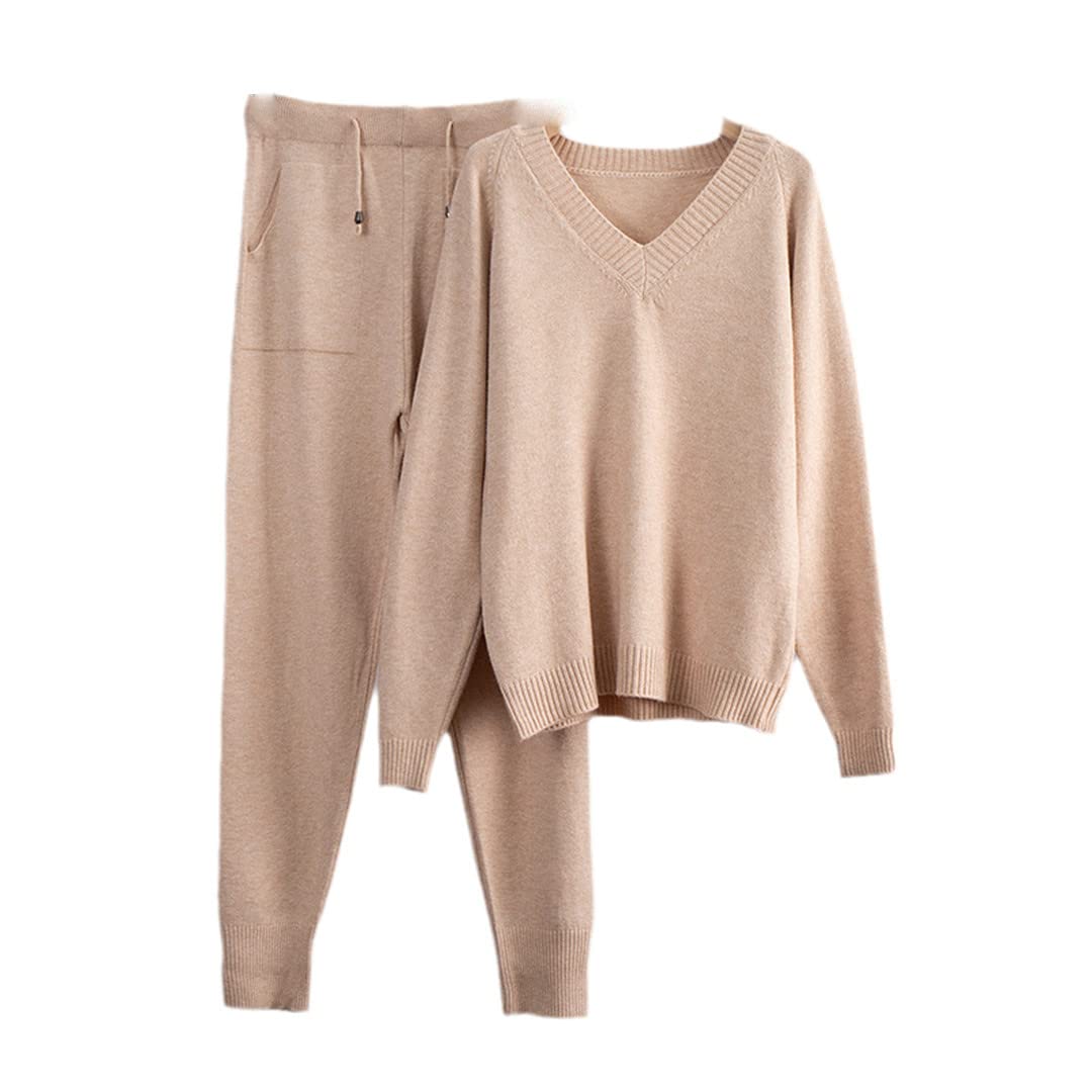 Luxury Cashmere Knit Sweater & Harem Pants Set for Women - Soft Loose Fit V-Neck Tracksuit Outfit | Cozy Lounge Wear, Winter Travel & Casual Chic Style