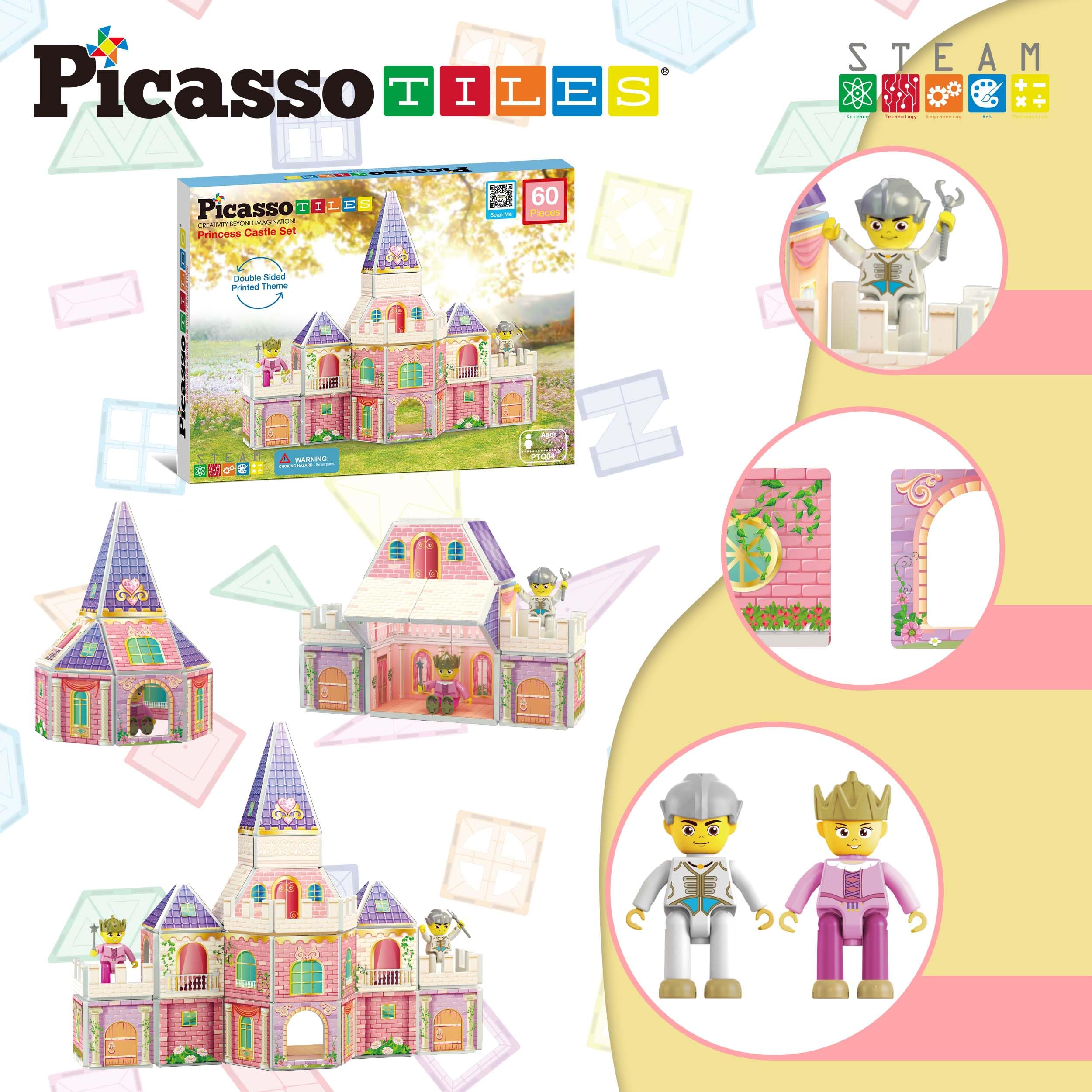 PicassoTiles Magnetic Building Blocks - Princess Castle Theme with 2 Action Figures, Double-Sided STEM Learning Toy for Kids Ages 3+ | Creative Construction, Fantasy Play & Educational Development (PTQ04) - Perfect for Birthday Gifts, Classroom Activities & Imaginative Playtime