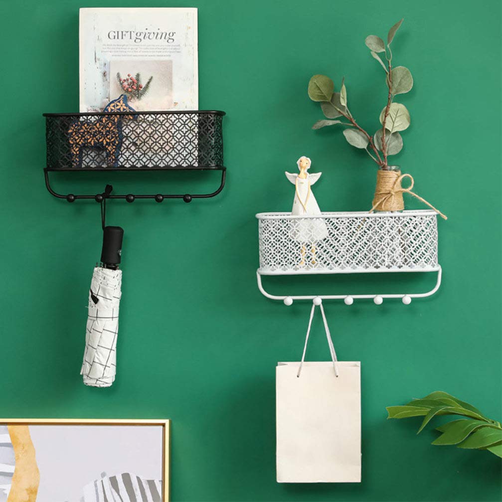 Farmhouse Wall Mounted Hooks & Basket Set - Black Metal Wire Entryway Organizer for Hallway, Mudroom, Bedroom, Bathroom & Laundry Room Storage | Rustic Home Decor & Space Saving Solution