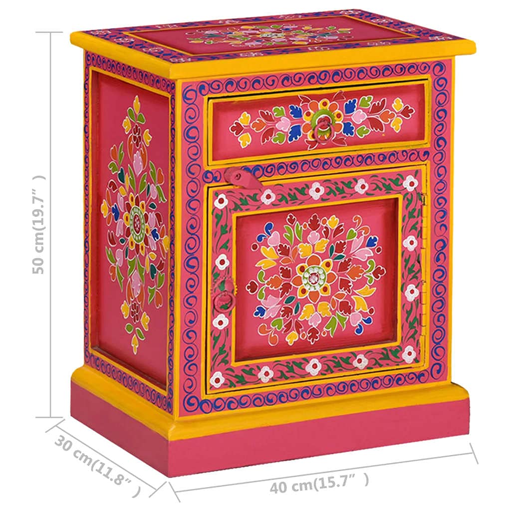 Handmade Solid Mango Wood Nightstand with 1 Cabinet & 1 Drawer - Pink Hand Painted Console Table for Bedroom, Living Room & Office - Stylish Storage Side Table for Small Spaces & Apartments