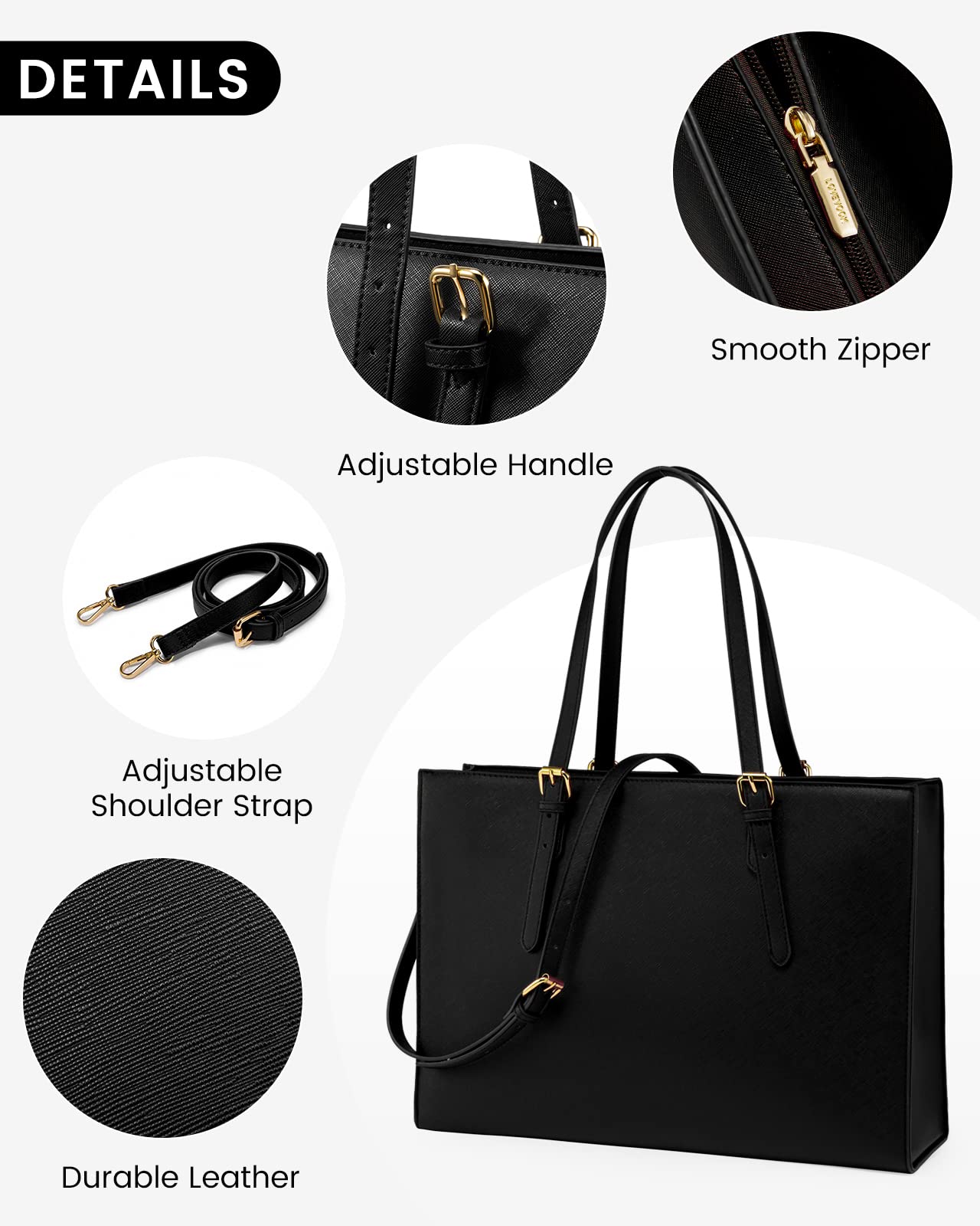LOVEVOOK 15.6 Inch Laptop Tote Bag for Women - Waterproof PU Leather Business Shoulder Bag with USB Charging Port, Large Briefcase Handbag Purse 2Pcs Set (Black) - Perfect for Office Work, Commuting & Travel