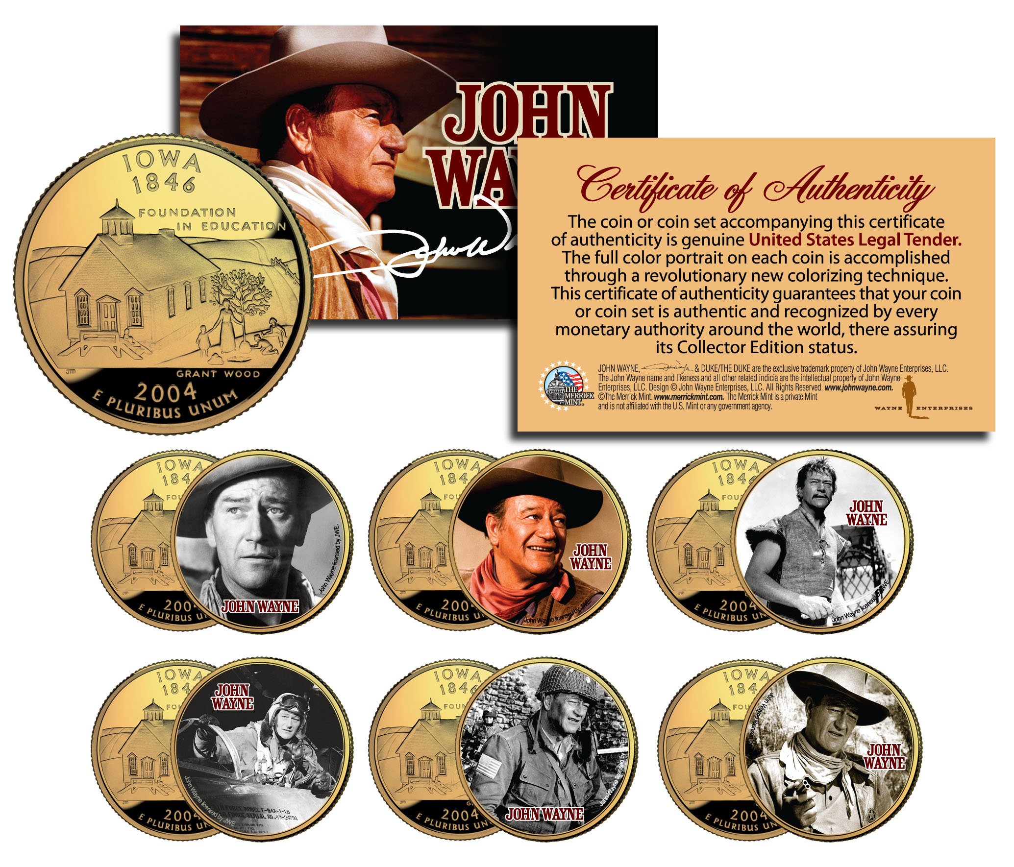 JOHN WAYNE MOVIES Colorized Iowa 24K Gold Plated Quarters US 6-Coin Set - Licensed Collectible Coins for Movie Fans & Western Enthusiasts - Perfect for Display, Gifts, and Coin Collections