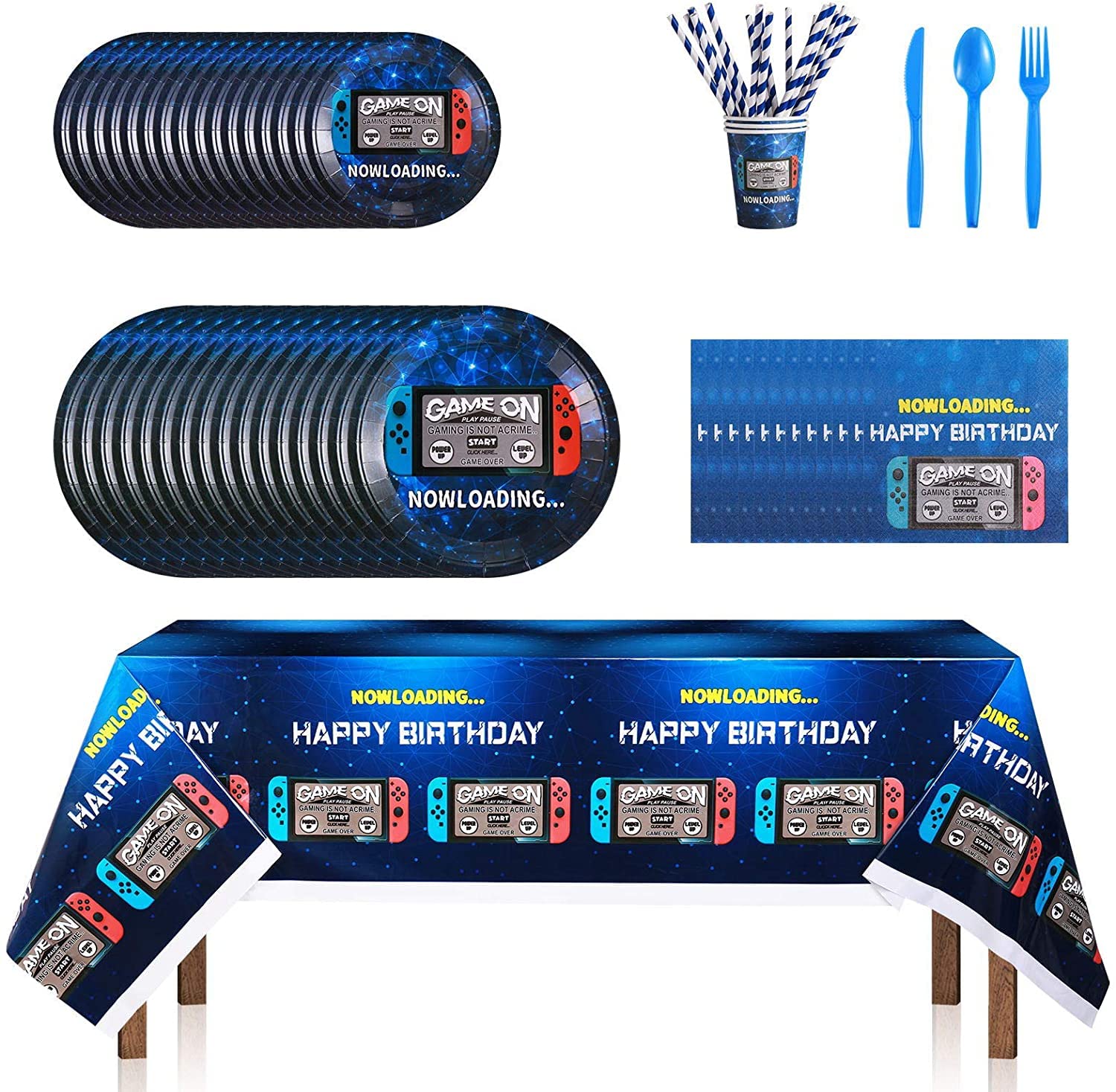 162CT Video Game Party Supplies Set - Includes Paper Plates, Cups, Straws, Napkins, Utensils, Table Cover & Banner | Perfect for Video Game Themed Birthday Parties & Events | Serves 20 Guests | Great for Gaming Parties, Streamer Events & Esports Celebrations