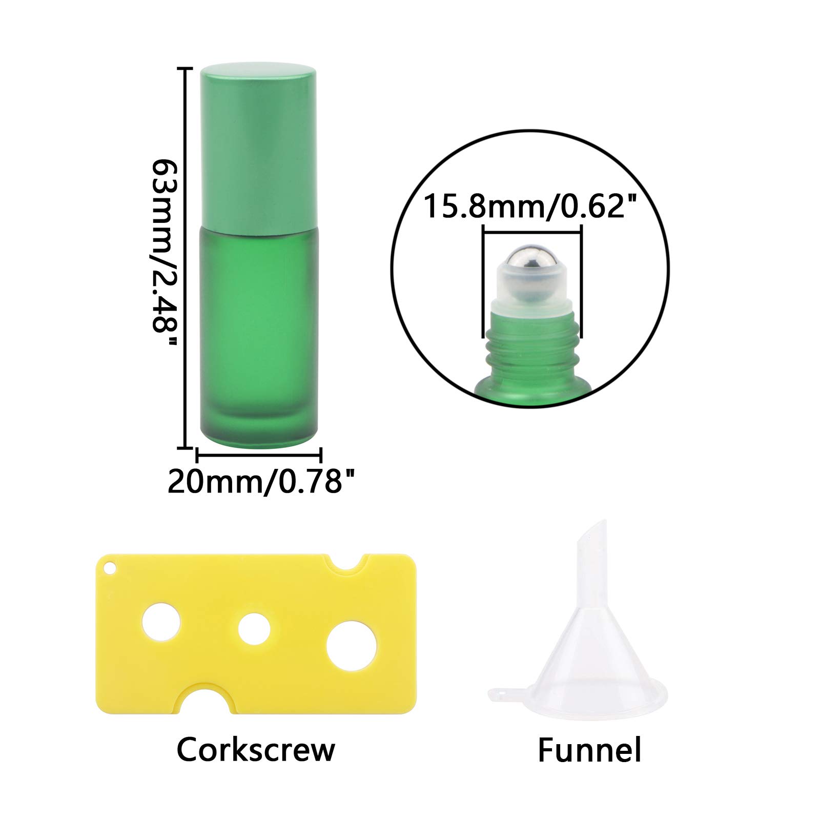 Kesell 10-Pack 5ml Empty Glass Roll On Bottles with Stainless Steel Roller Balls - Green Essential Oil Containers for Aromatherapy, DIY Blends & Travel Skincare