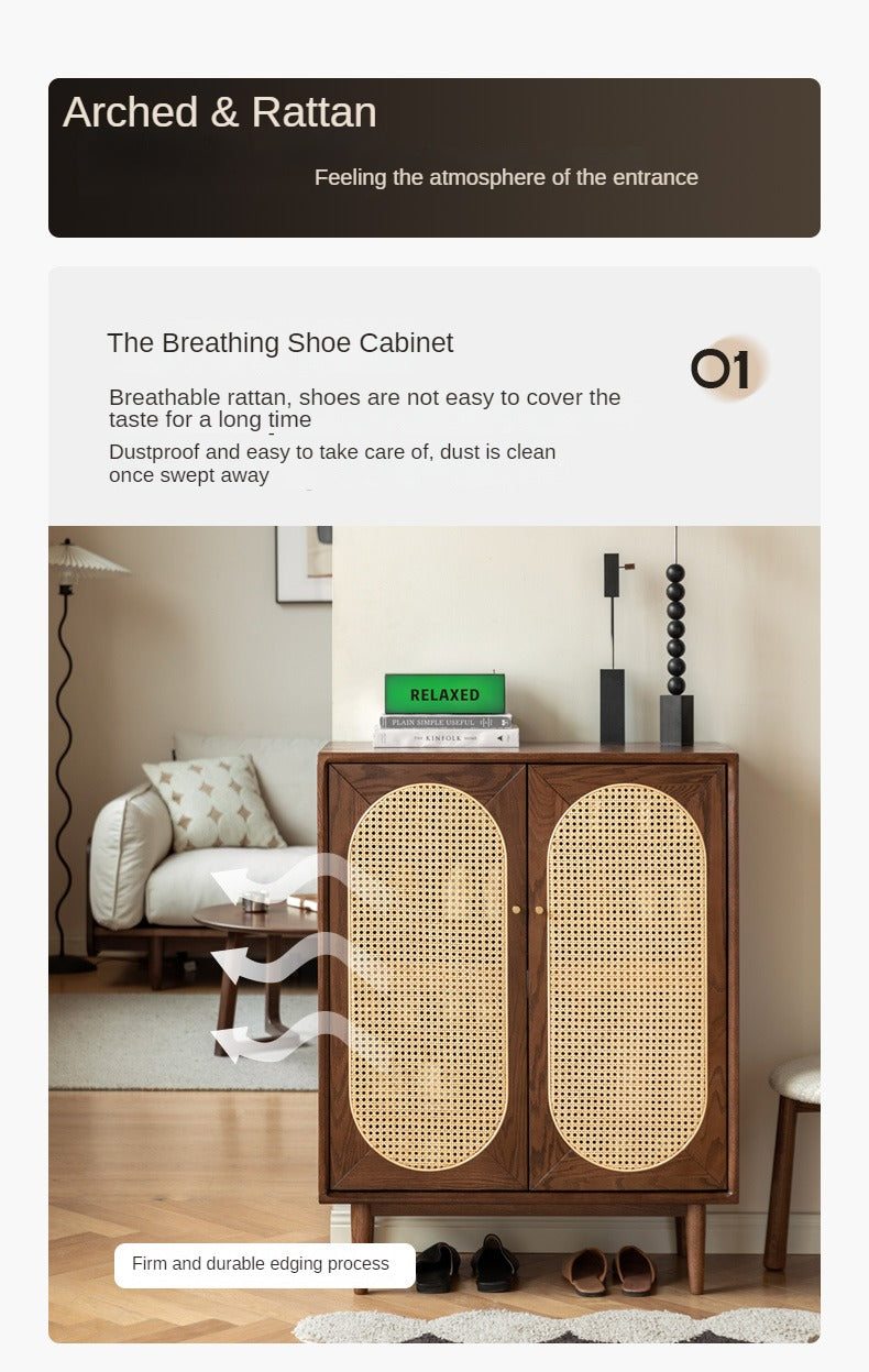 Solid Oak Wood Wall Mounted Shoe Rack with Rattan Doors - Space Saving Entryway Storage for Shoes, Hats & Accessories - Perfect for Hallway, Mudroom or Bedroom Organization