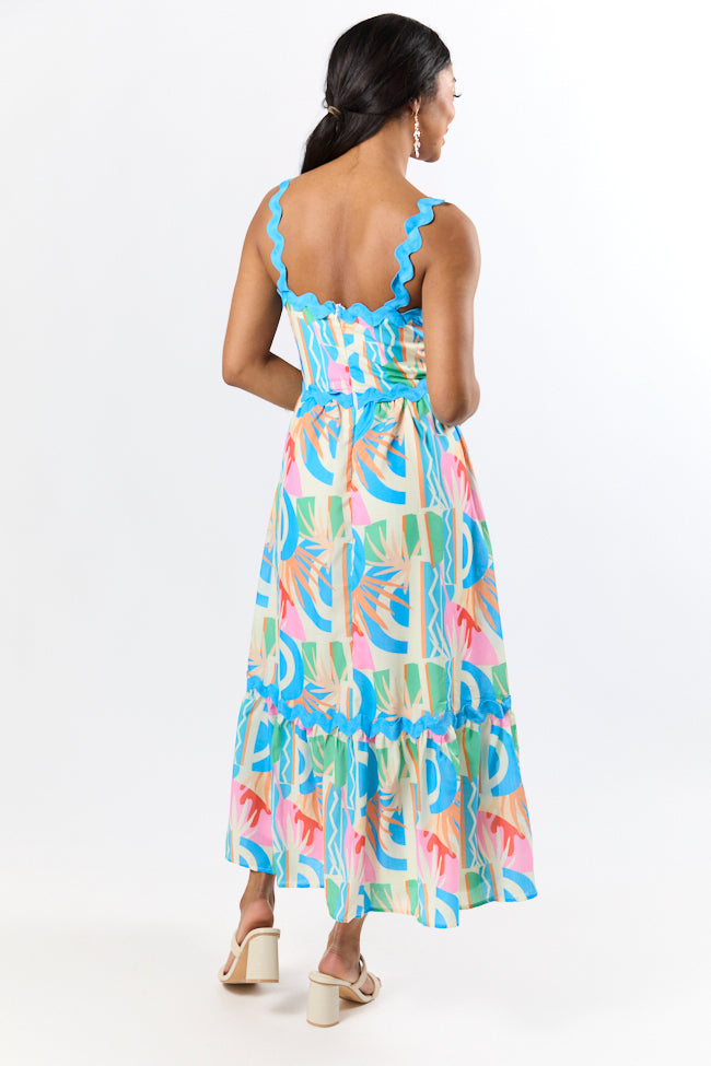 Tropical Tango Floral Print Midi Dress with Rick Rack Trim - Women's Summer Boho Dress for Beach Vacation & Date Night