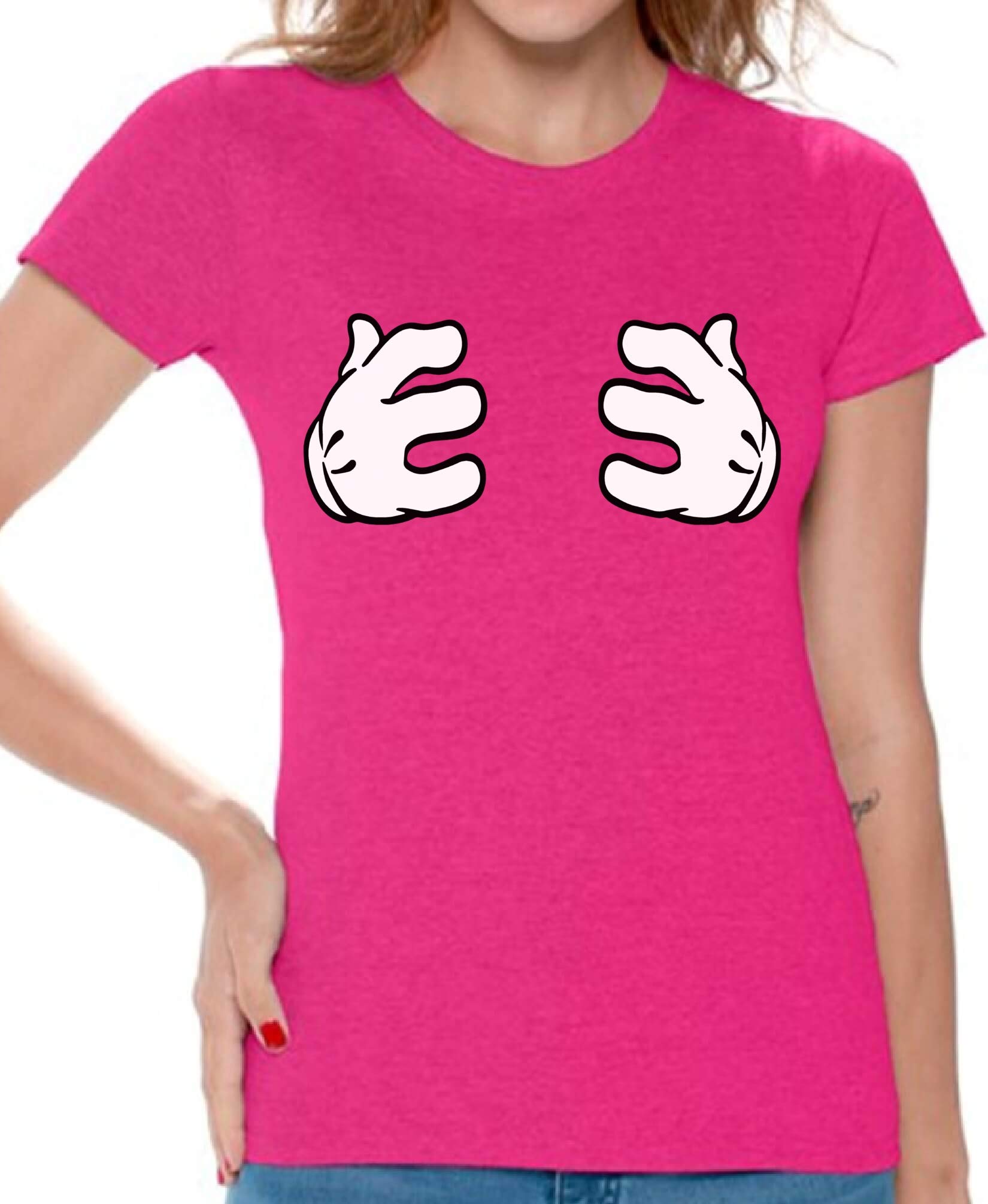 Awkwardstyles Women's Funny Cartoon Hands Grabbing Boobies Graphic Tee - Trendy Novelty T-Shirt with Free Bookmark - Perfect for Bachelorette Parties, Girls Night Out & Funny Gift Ideas