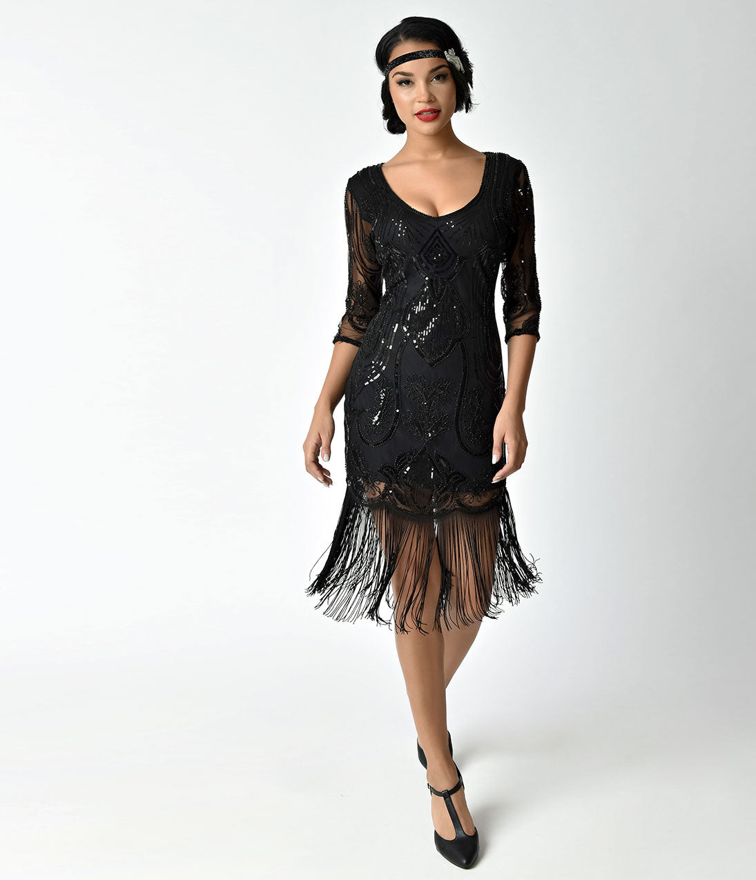 Vintage 1920s Black Beaded Sequin Flapper Dress with Fringe Sleeves - Roaring 20s Gatsby Party, Speakeasy Costume, Jazz Age Evening Gown for Women