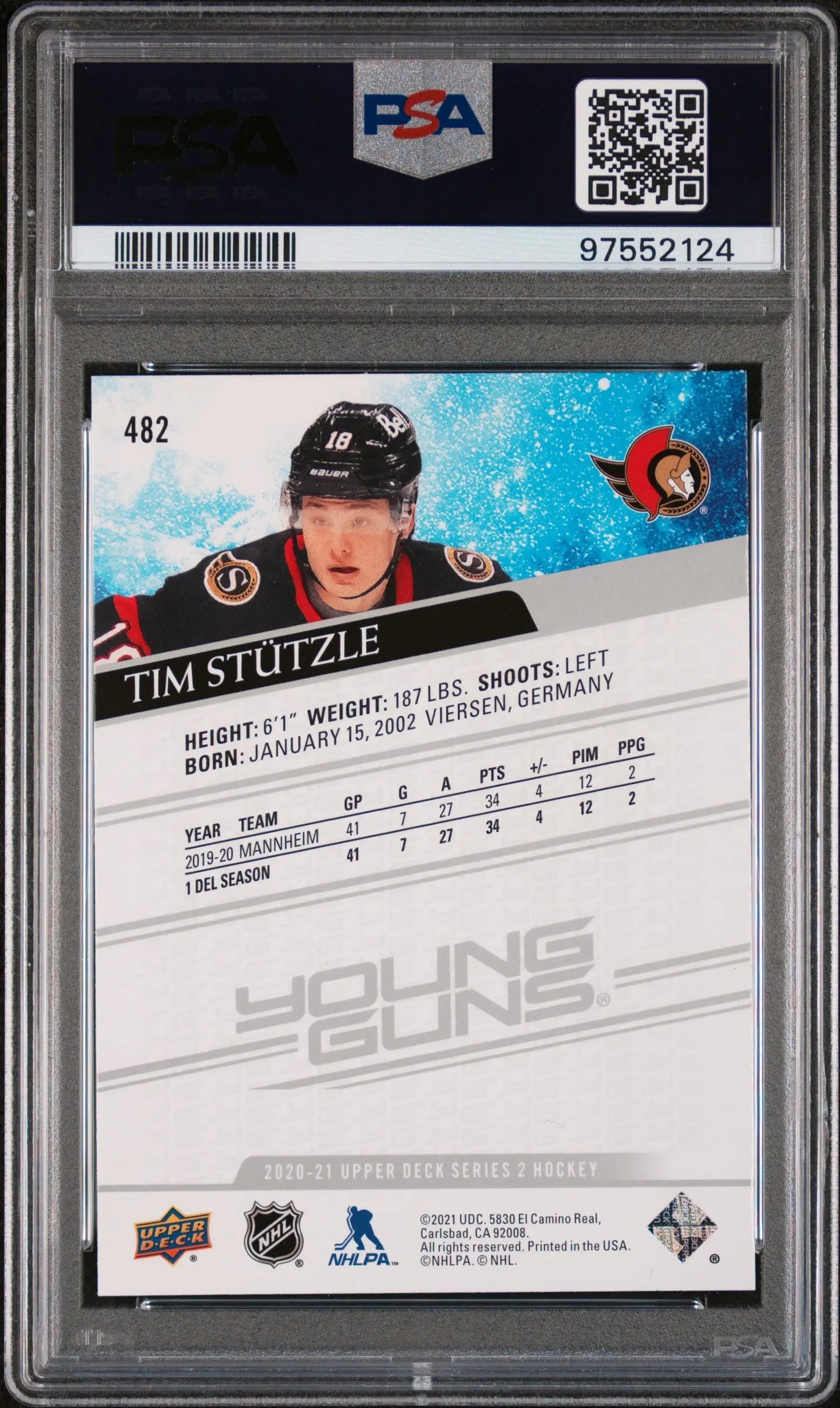 2020-21 Upper Deck Series 2 Hockey Tim Stützle Young Guns Rookie Card #482 PSA 10 Gem Mint - Perfect for Collectors & Hockey Fans, Great Gift for NHL Enthusiasts