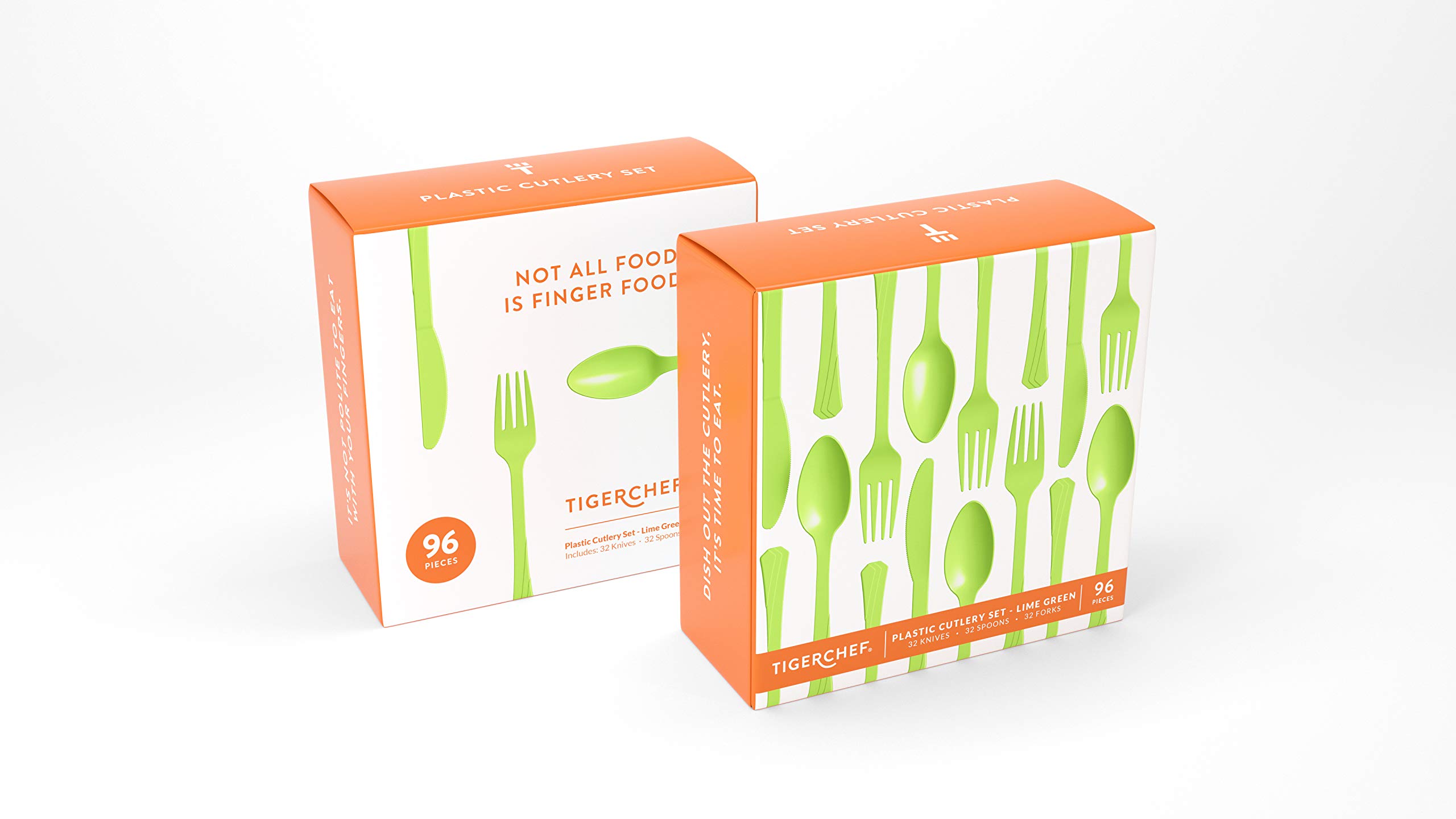 Tiger Chef 96-Piece Heavy Duty Plastic Cutlery Set - 32 Forks, 32 Teaspoons, 32 Knives in Lime Green | Durable Disposable Silverware for Parties, Picnics, BBQs & Outdoor Events