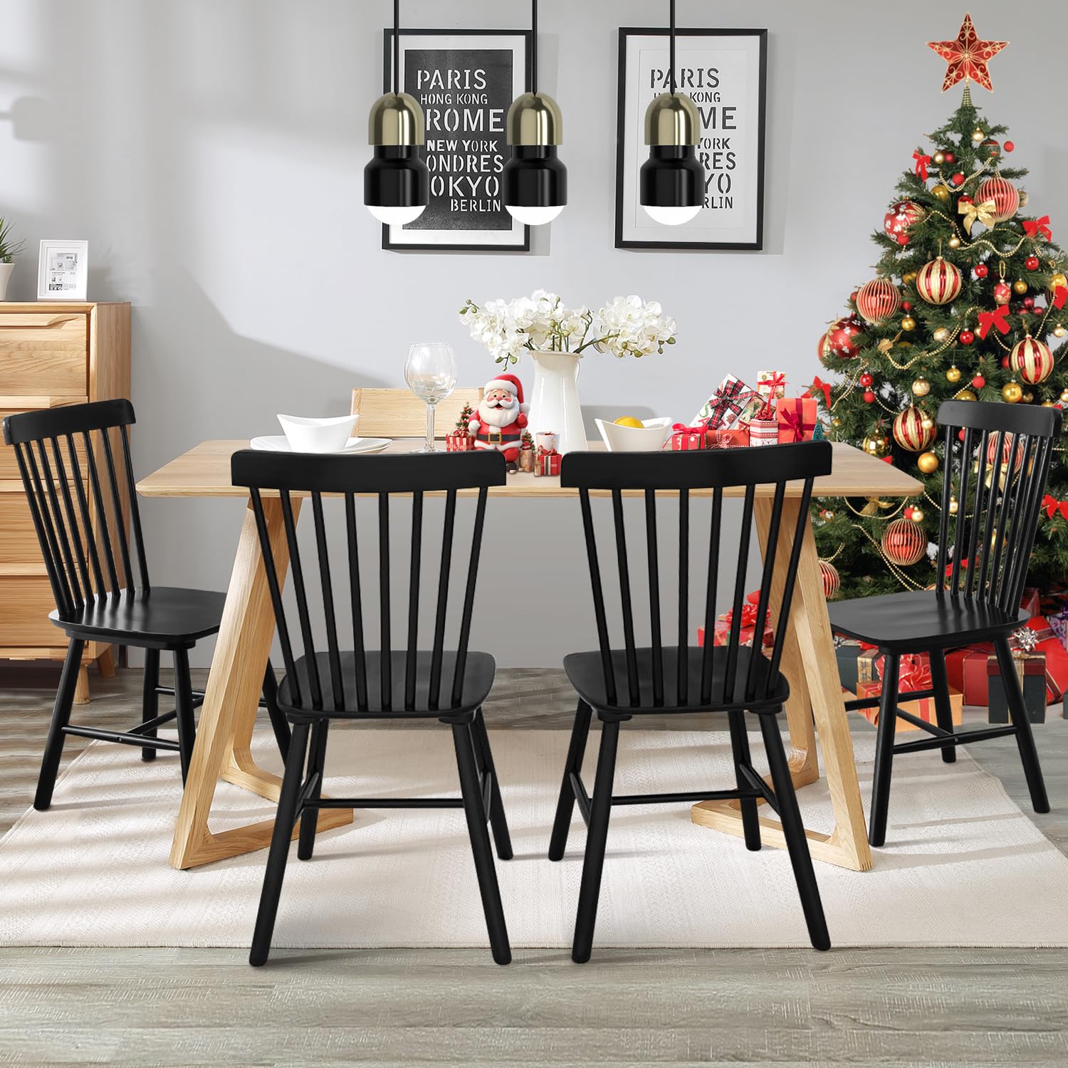 4-Piece Windsor Dining Chair Set - Spindle Back Wooden Chairs for Kitchen, Dining Room & Restaurant - Farmhouse Country Style Wooden Chairs for Home & Commercial Use - Perfect for Farmhouse Decor, Casual Dining & Restaurant Seating - Black Finish