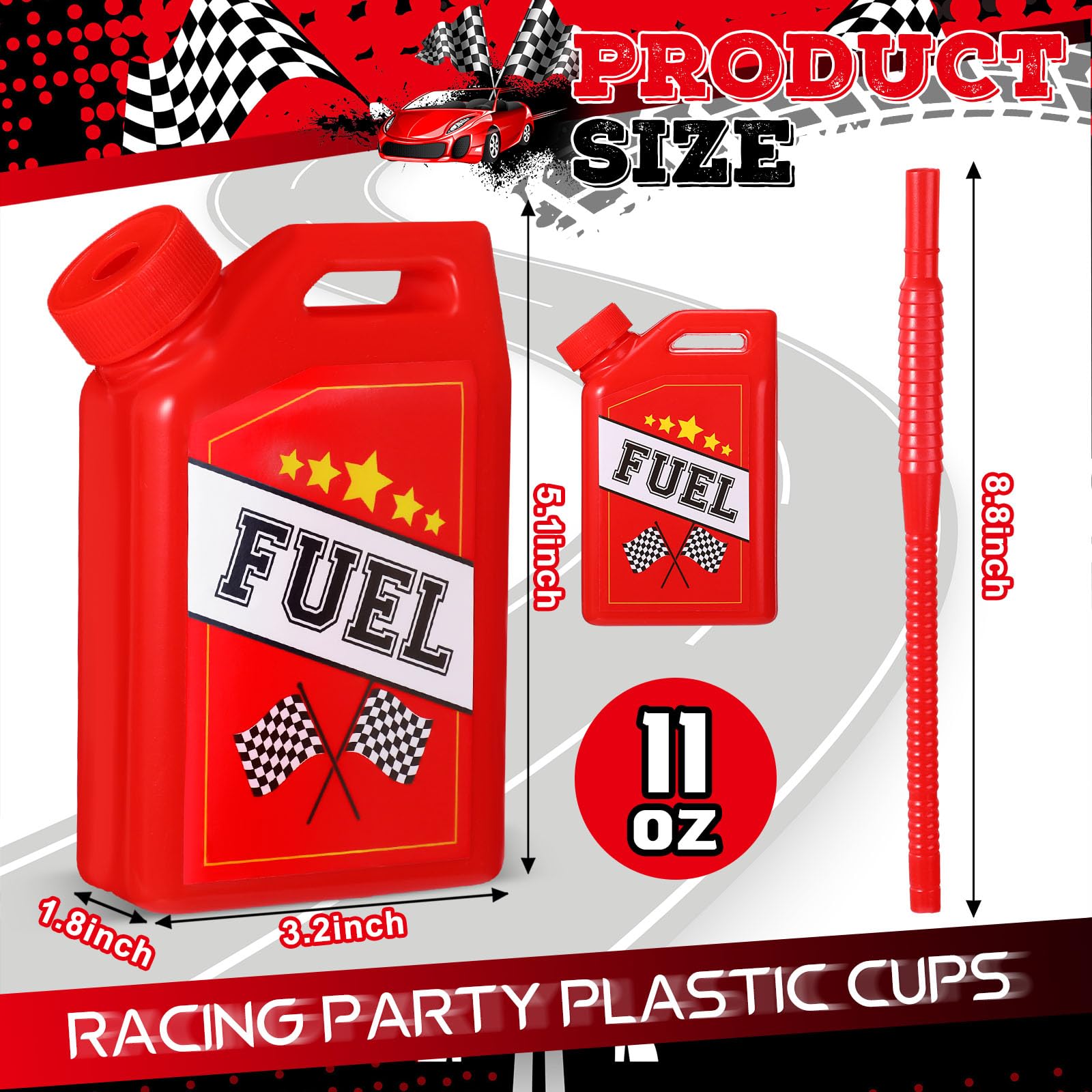 12-Pack Mifoci Race Car Fuel Can Cups Set - 11 oz Car-Themed Drinking Cups with Straws for Kids Birthday Parties, Baby Showers & Racing Theme Events - Perfect for Themed Decorations, Party Favors & Fun Beverage Serving